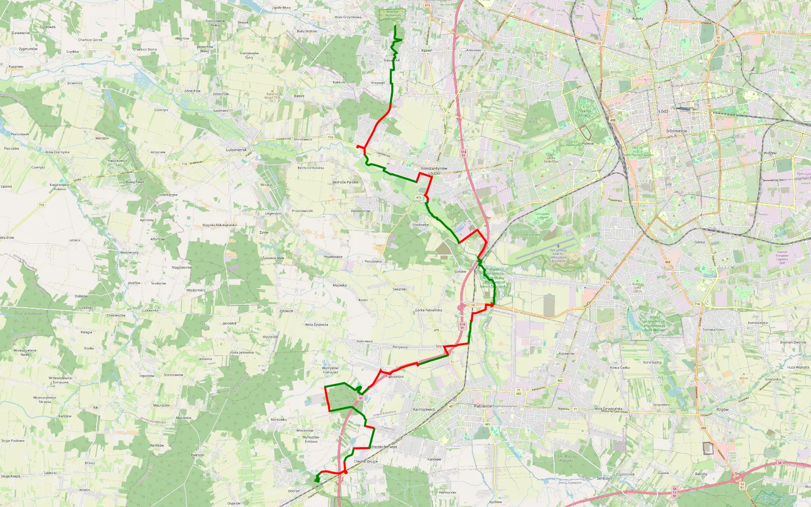 Mapa trasy Kolonia Rąbień - Dobroń - 35.7 km trasy offroad, Powiat Pabianicki