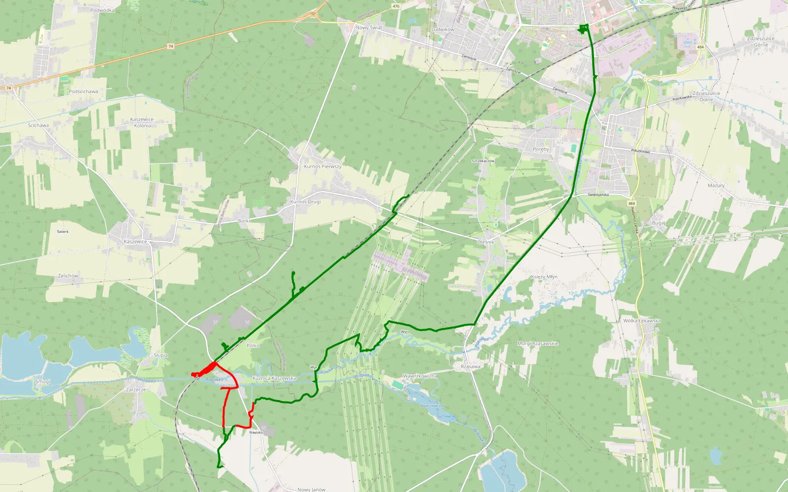Mapa trasy Grabostów - Edwardów - 17 km trasy offroad, Powiat Bełchatowski