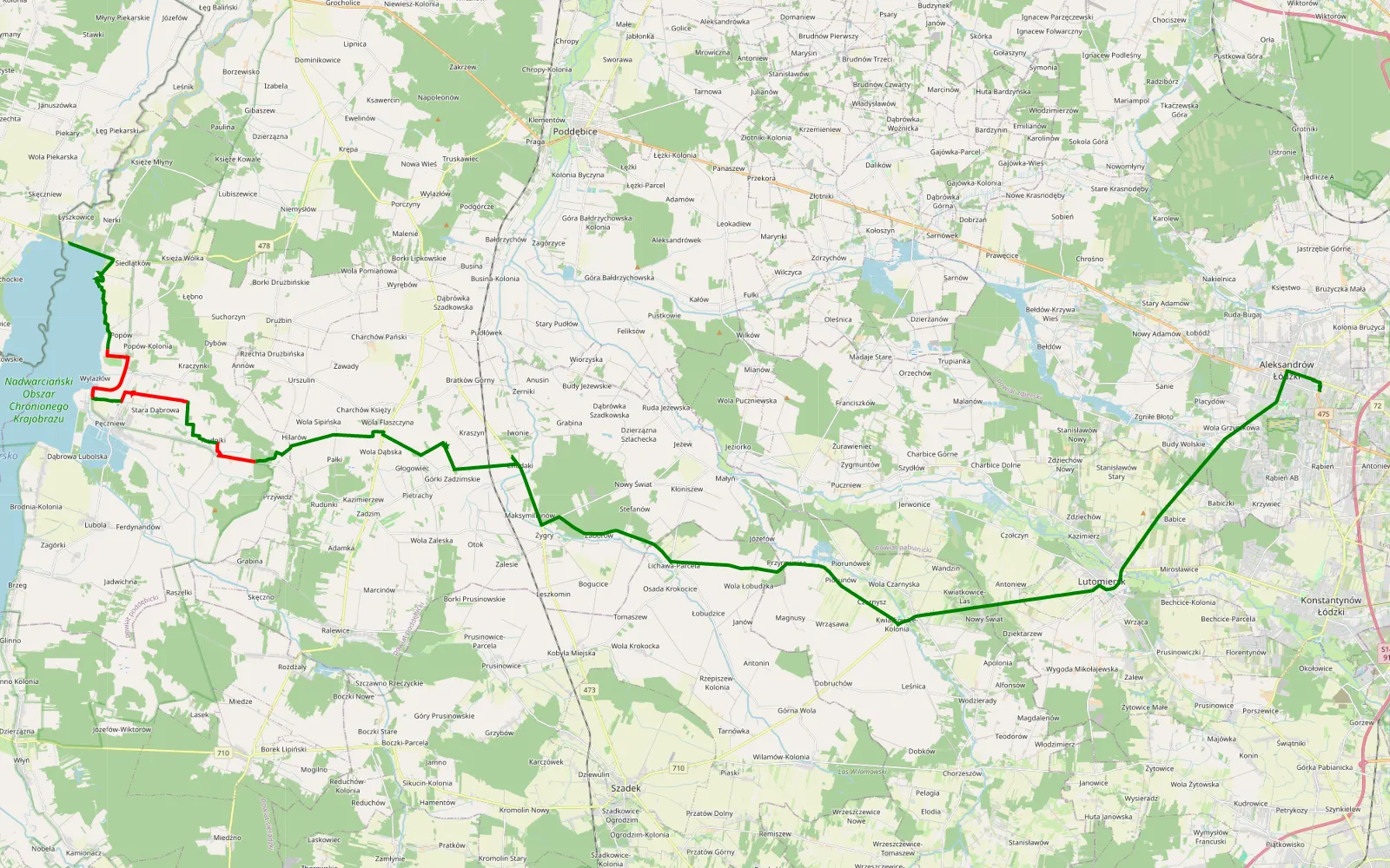 Mapa trasy Aleksandrów Łódzki - Łyszkowice - 15.8 km trasy offroad, Powiat Poddębicki