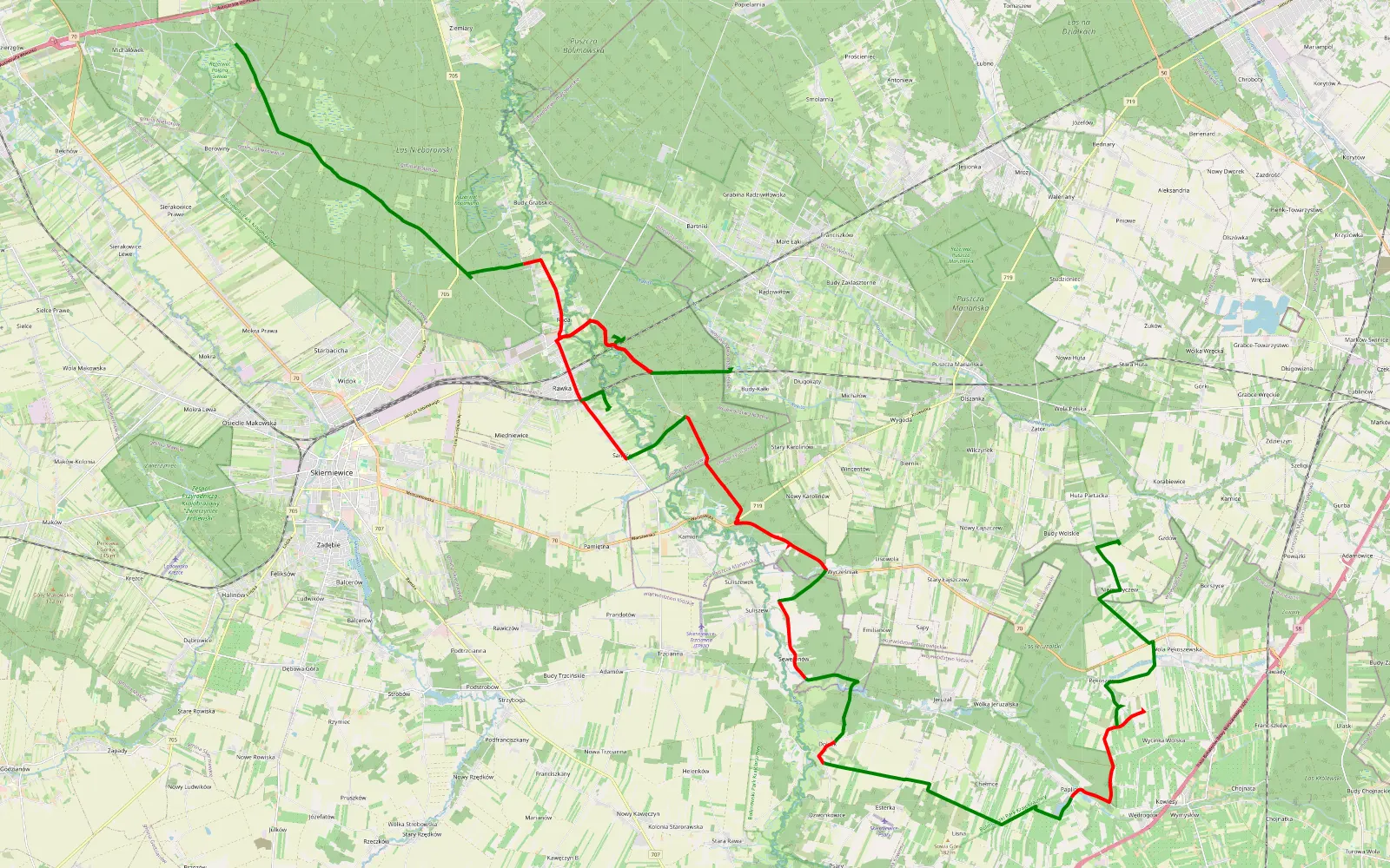 Map of Piaski - Huta - 54.8 km offroad trail, Skierniewice County