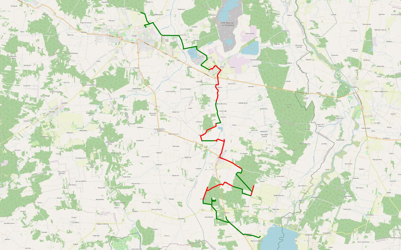 Mapa trasy Kościanki - Zdrojki - 34.6 km trasy offroad, Powiat Turecki