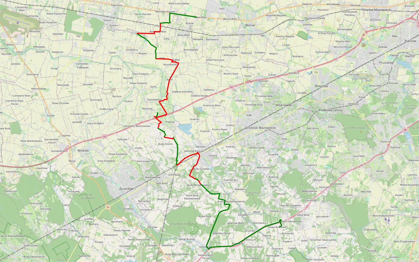 Map of Bukówka Nowa - Nowa Wieś - 35.1 km offroad trail, Grodzisk Mazowiecki County