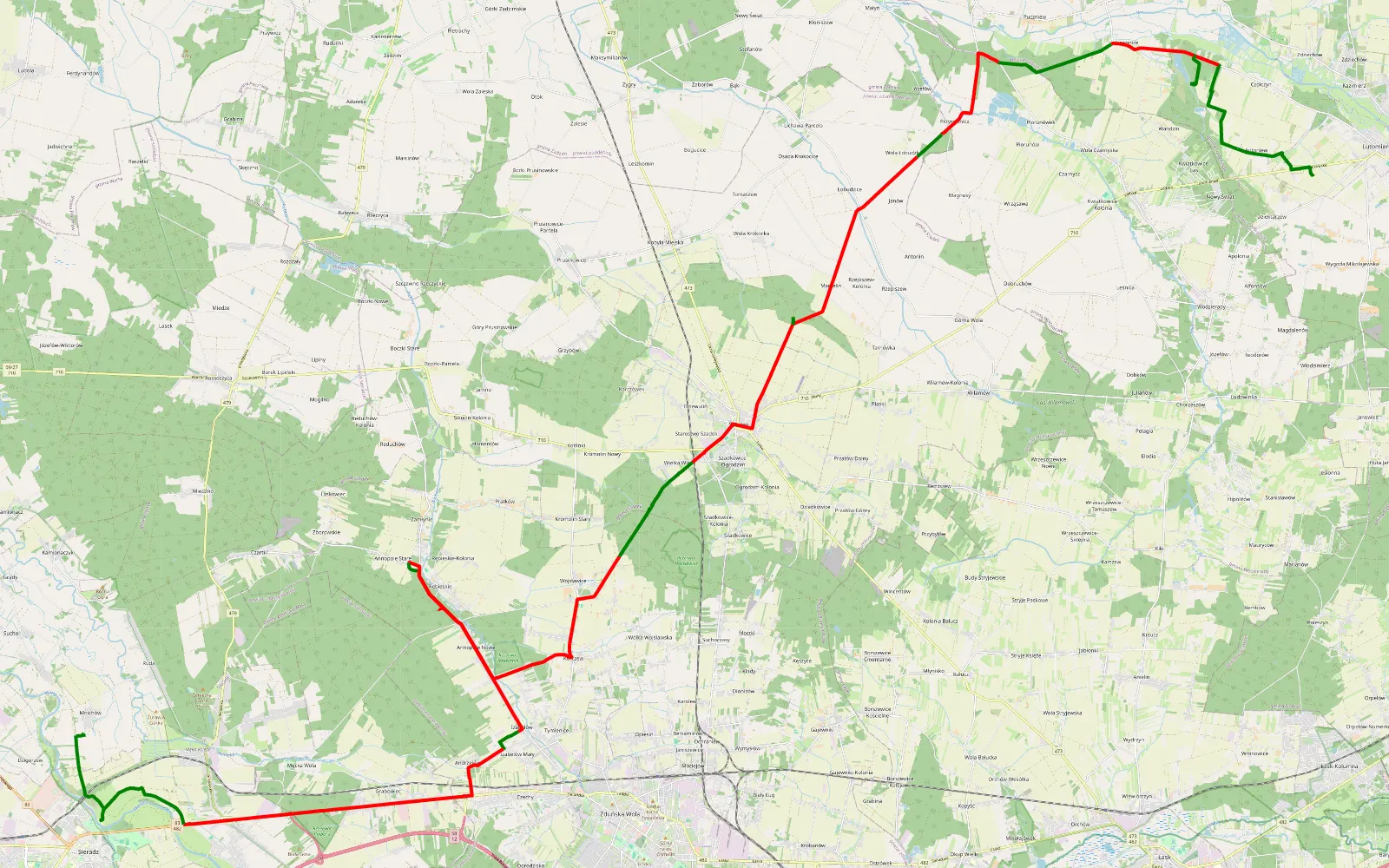 Mapa trasy Dziechtarzew - Mnichów - 58.3 km trasy offroad, Powiat Zduńskowolski