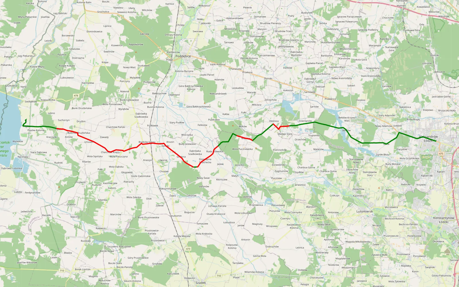 Mapa trasy Aleksandrów Łódzki - Popów - 34.4 km trasy offroad, Powiat Poddębicki