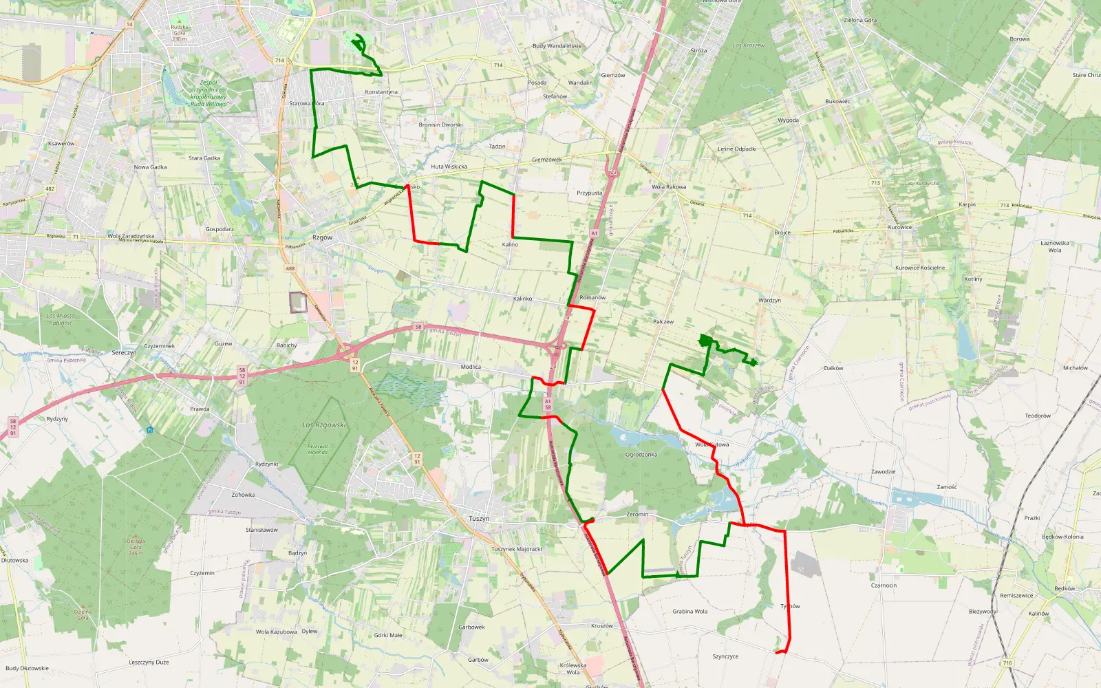 Mapa trasy Józefów - Wardzyn - 51.1 km trasy offroad, Powiat Łódzki Wschodni