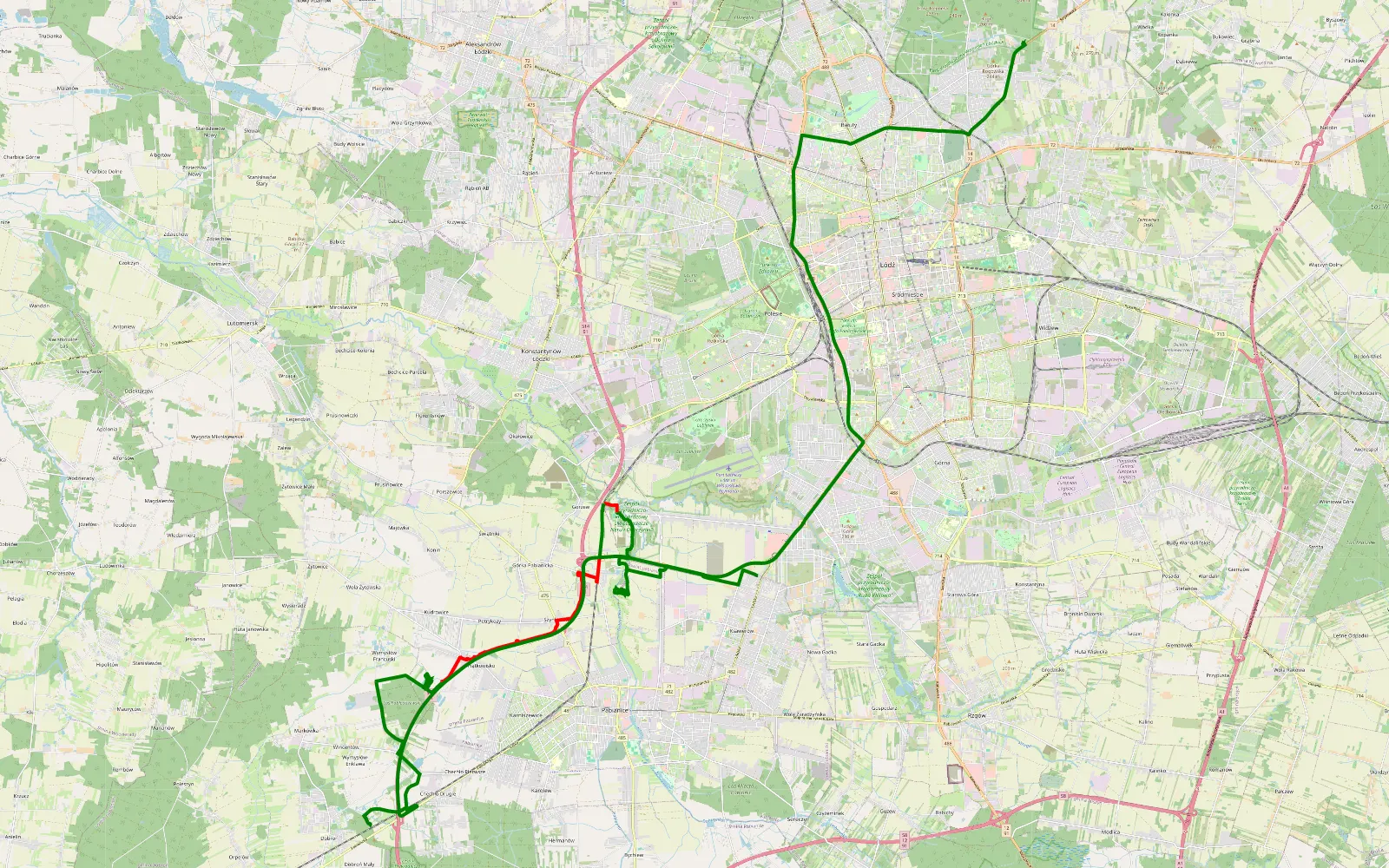 Mapa trasy Żdżary - Łukaszew - 20.3 km trasy offroad, Powiat Pabianicki