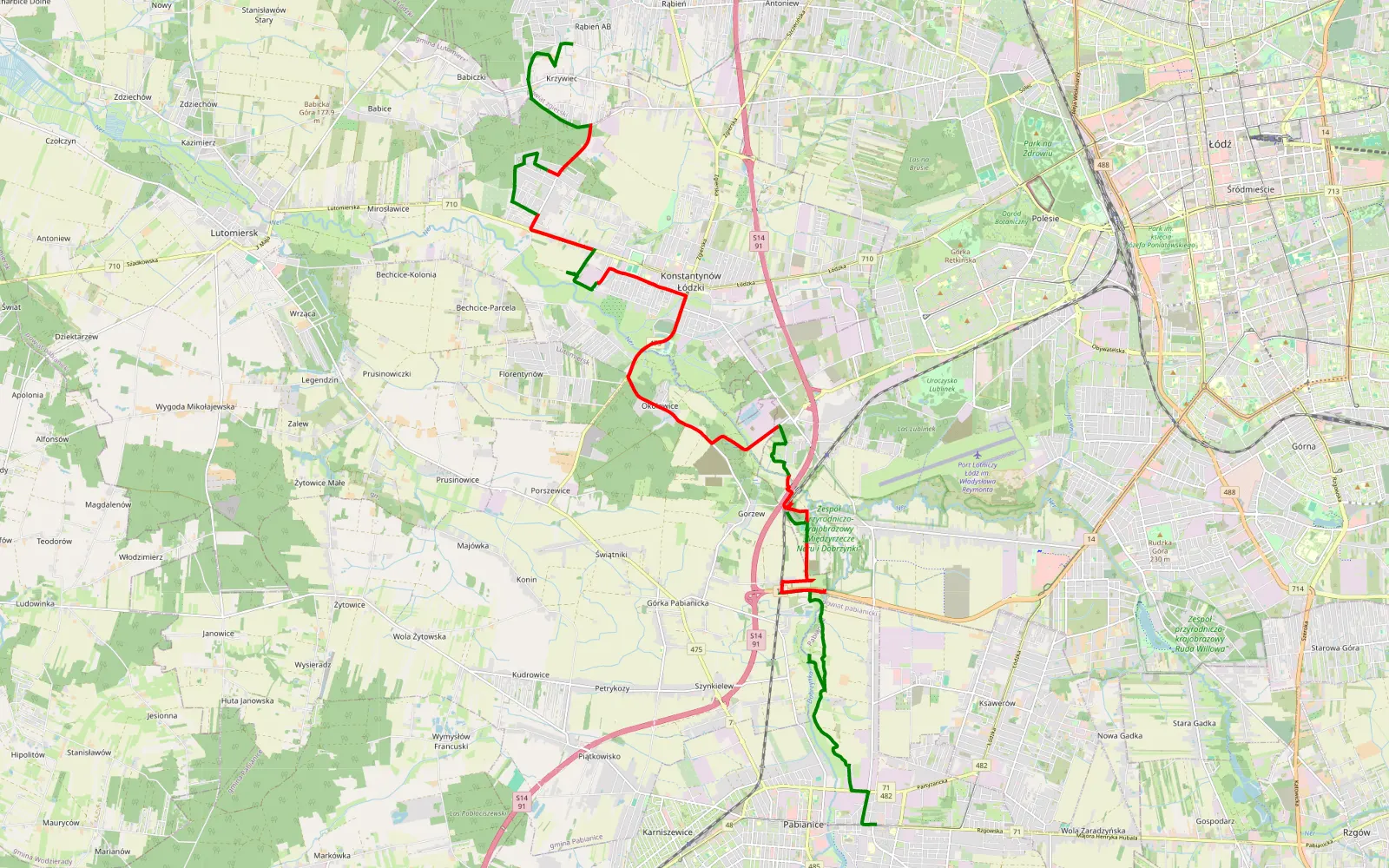 Mapa trasy Pabianice - Rąbinek - 28.9 km trasy offroad, Powiat Pabianicki
