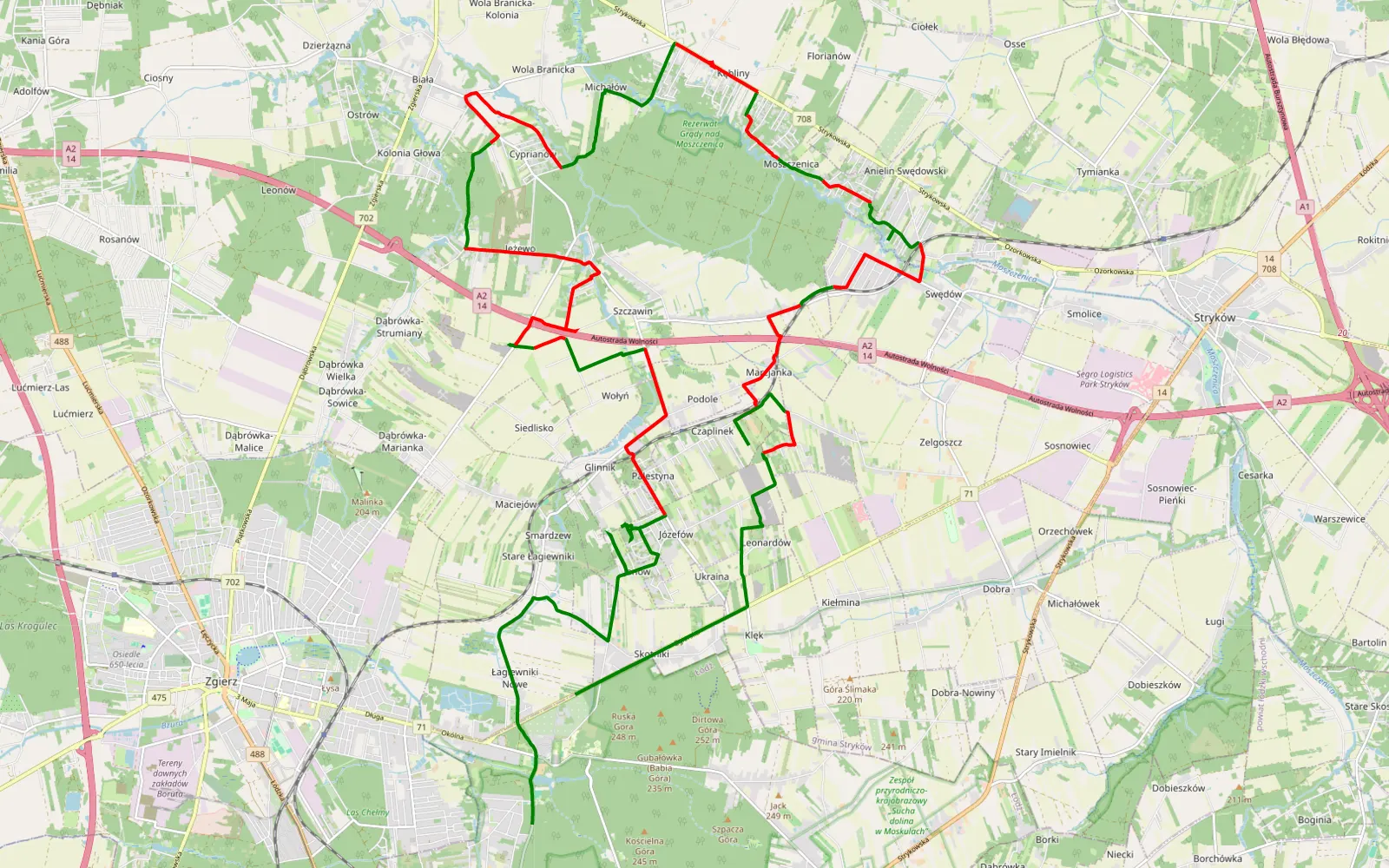 Map of Łagiewniki - Łagiewniki Nowe - 34.2 km offroad trail, Zgierz County