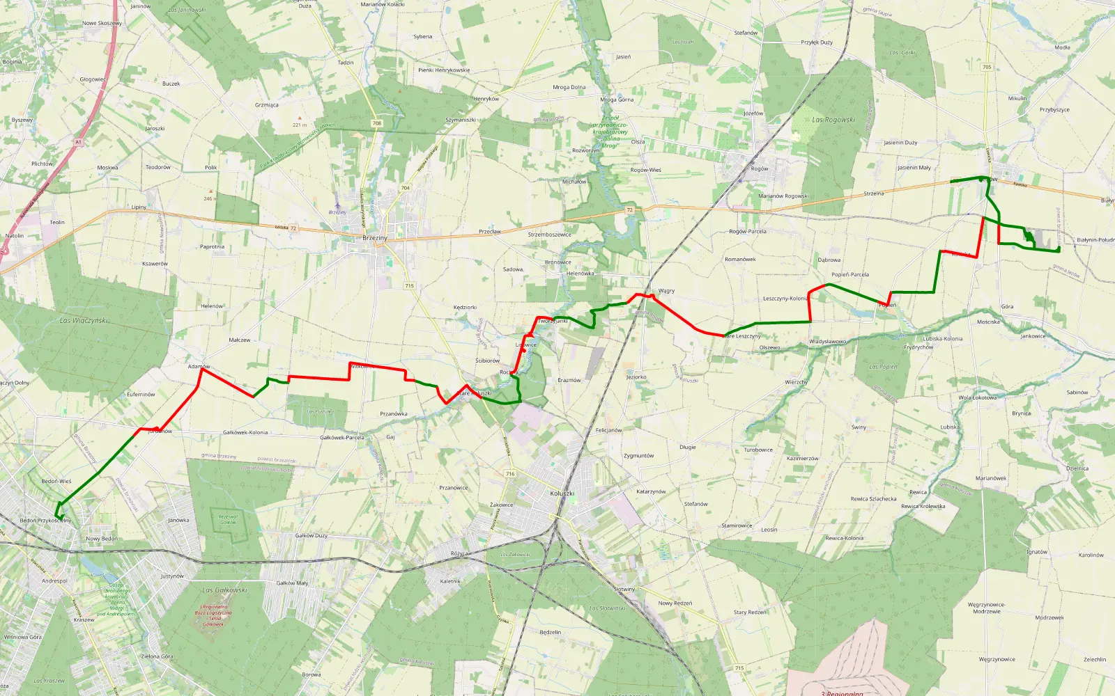 Map of Bedoń Przykościelny - Jeżów - 38.4 km offroad trail, Brzeziny County