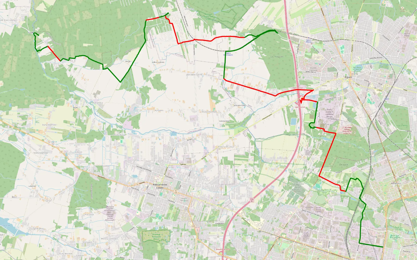 Mapa trasy Na luzie - 29.1 km trasy offroad, Powiat Zgierski