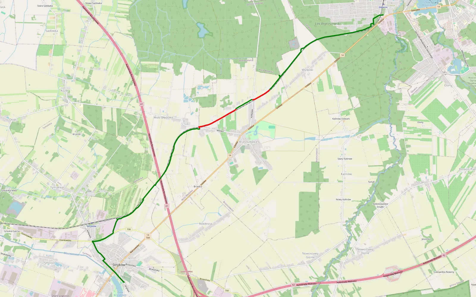 Mapa trasy Zabrzeźnia - Stryków - 9.3 km trasy offroad, Powiat Zgierski