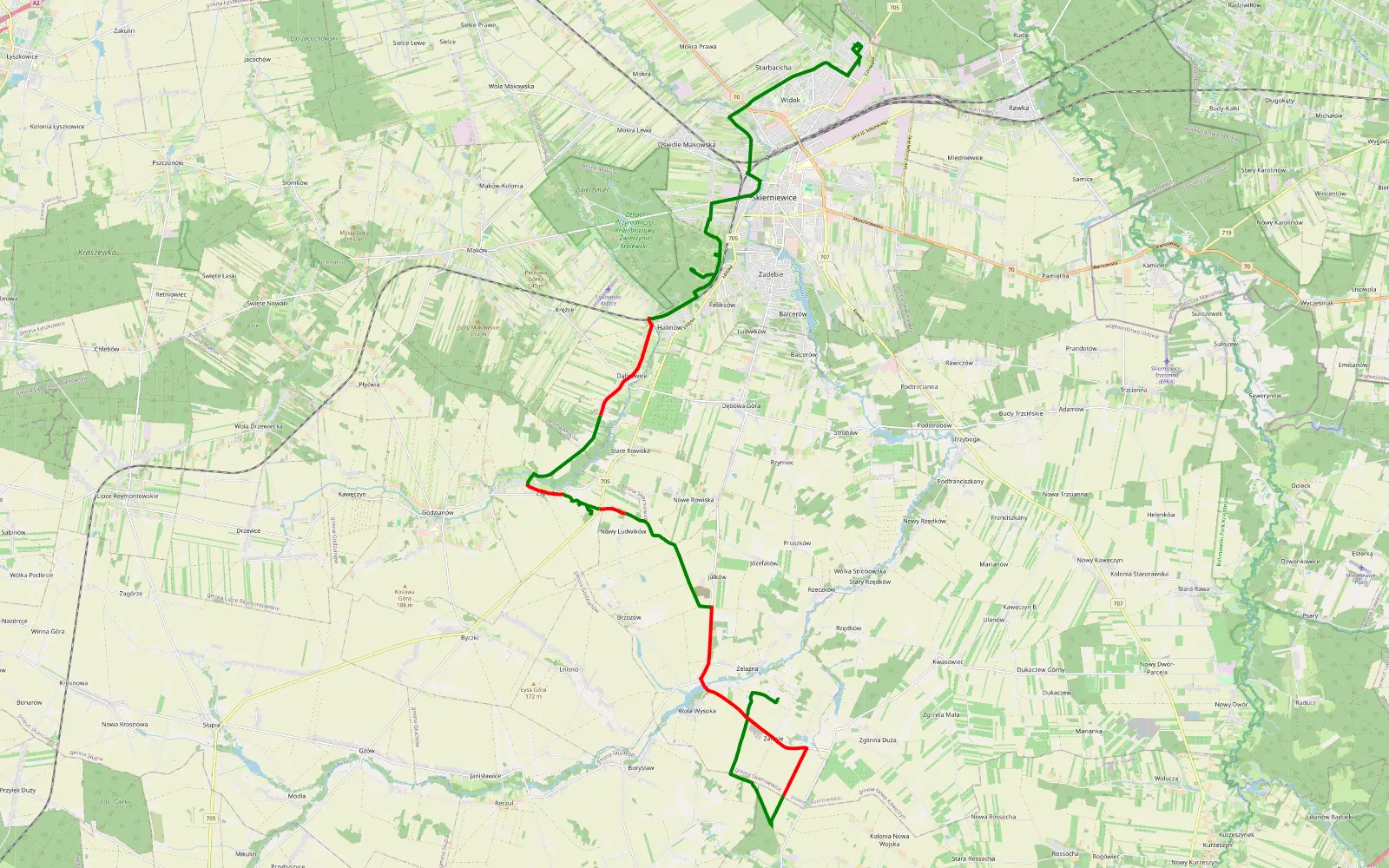 Map of Żelazna - Starbacicha - 25.9 km offroad trail, Skierniewice County