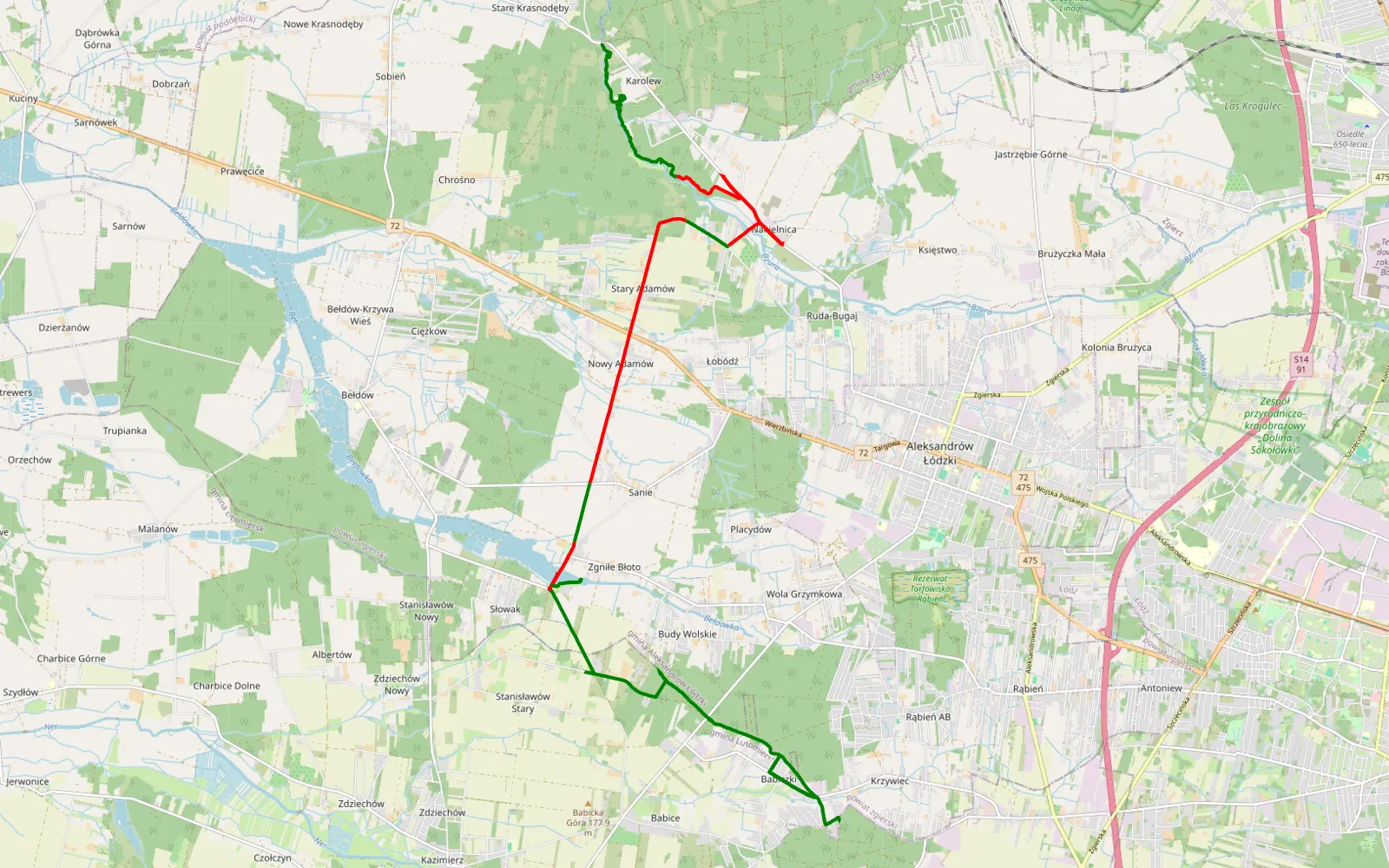 Mapa trasy Krzywiec - Karolew - 20.6 km trasy offroad, Powiat Zgierski