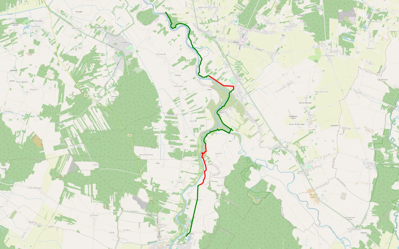 Mapa trasy Strumiany - Beleń - 14.7 km trasy offroad, Powiat Zduńskowolski