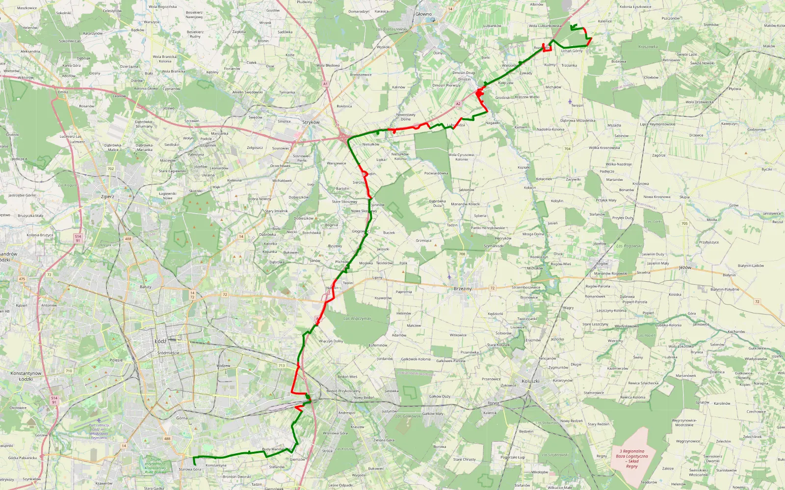 Mapa trasy Starowa Góra - Baranówka - 58.4 km trasy offroad, Powiat Brzeziński