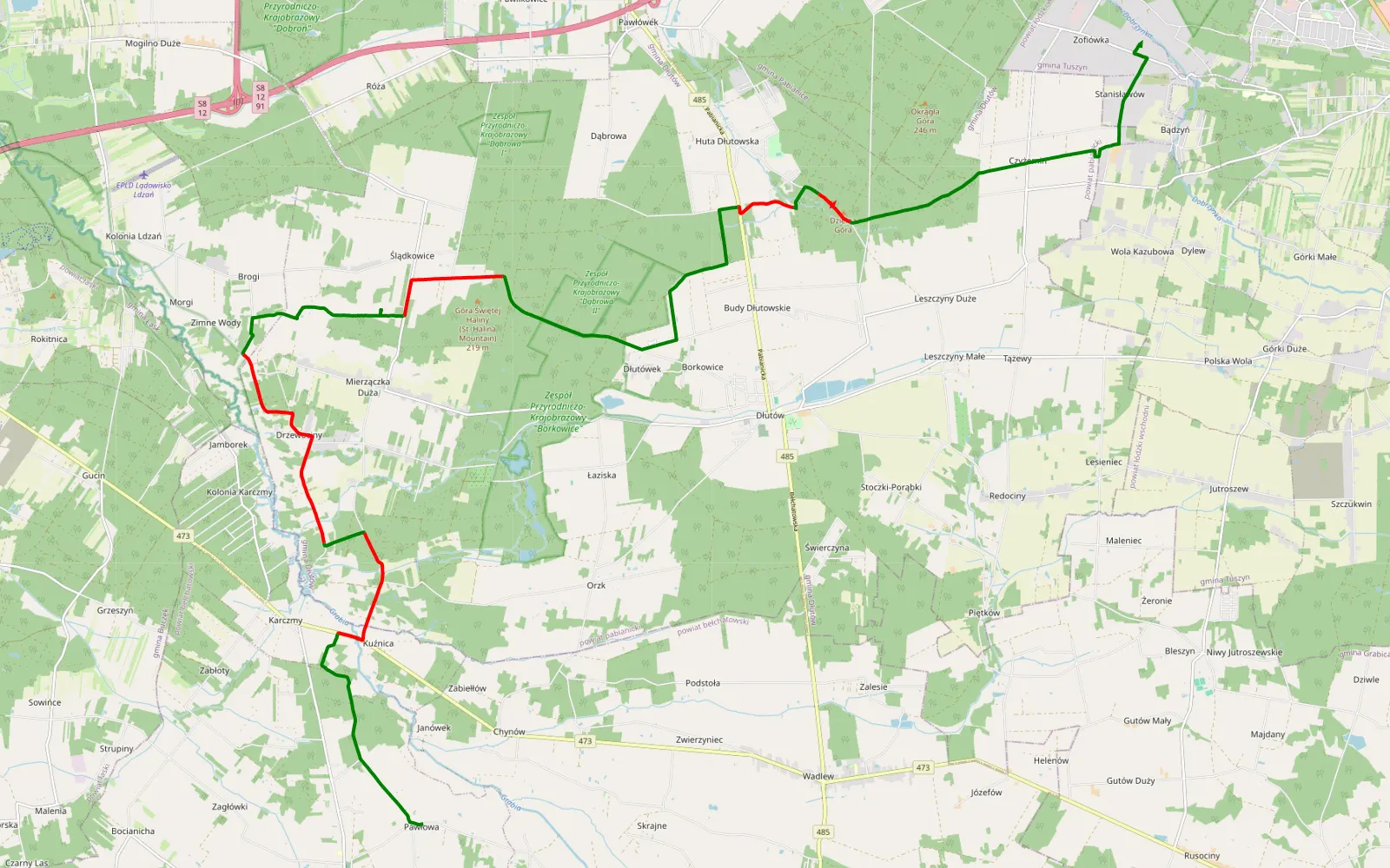 Mapa trasy Rydzynki - Pawłowa - 28.3 km trasy offroad, Powiat Pabianicki