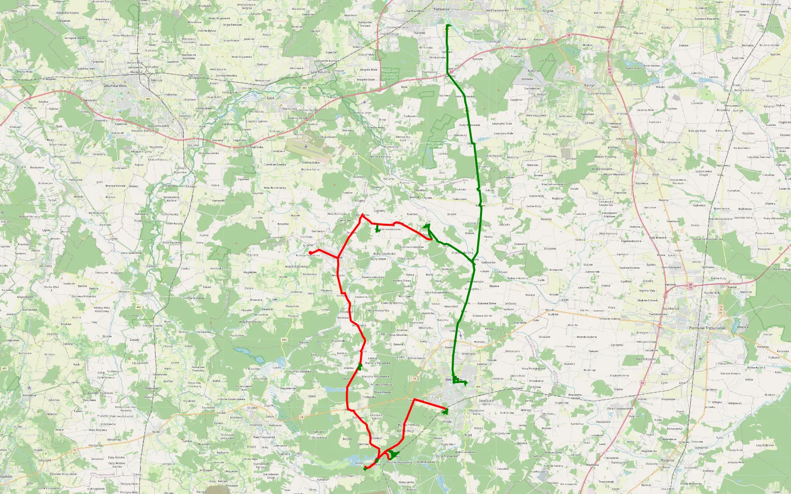 Mapa trasy Zamoście - Jutrzkowice - 67.2 km trasy offroad, Powiat Bełchatowski