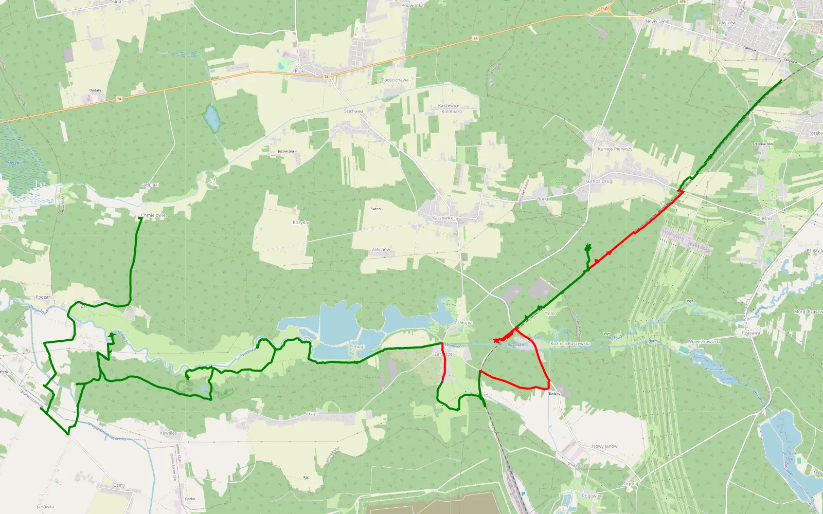 Mapa trasy Zamoście - Żar - 31.2 km trasy offroad, Powiat Bełchatowski