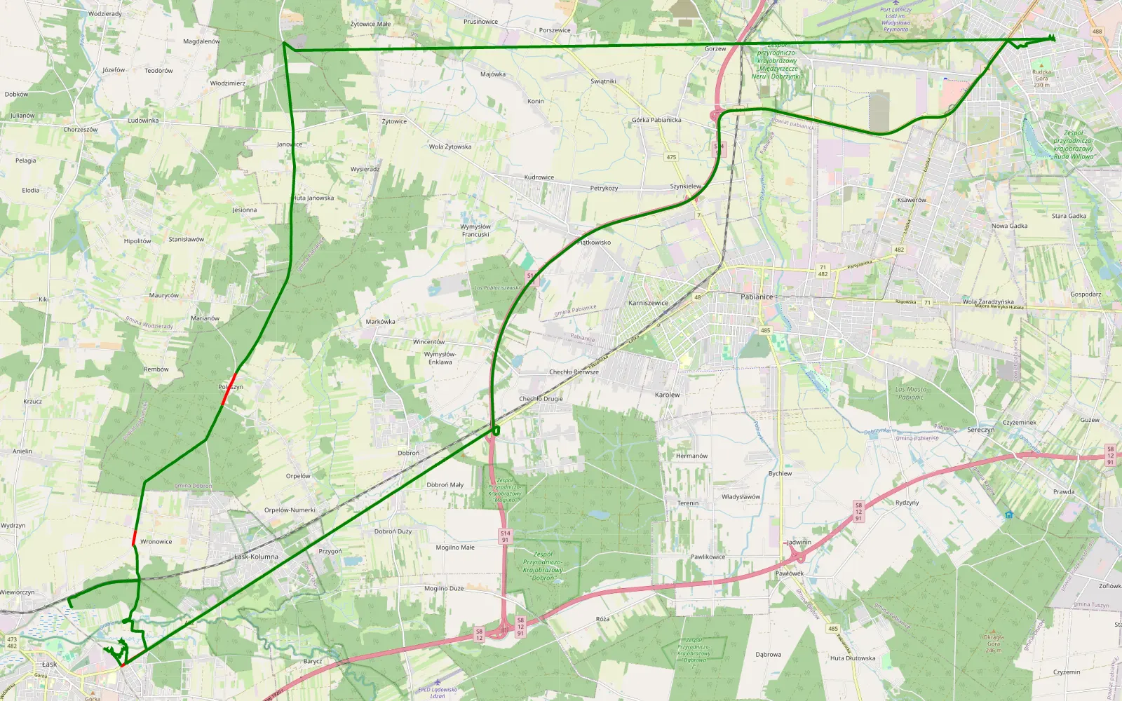 Mapa trasy Nad Nerem - 18.8 km trasy offroad, Powiat Łaski