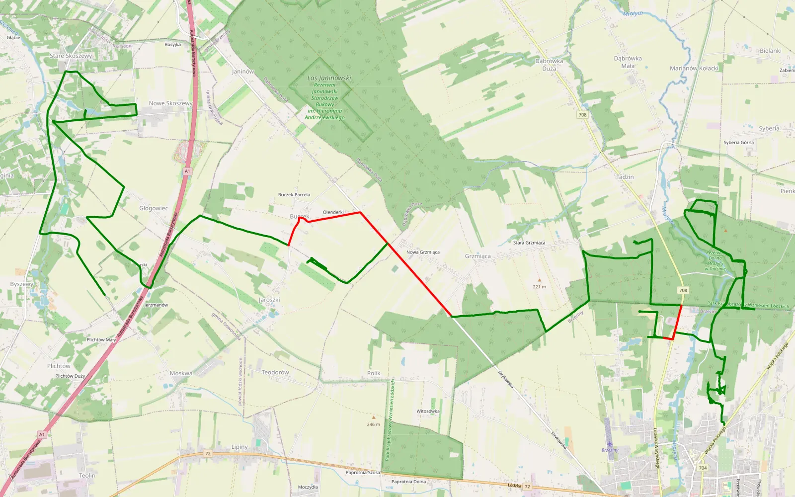 Map of Brzeziny - Byszewy - 27.9 km offroad trail, Brzeziny County