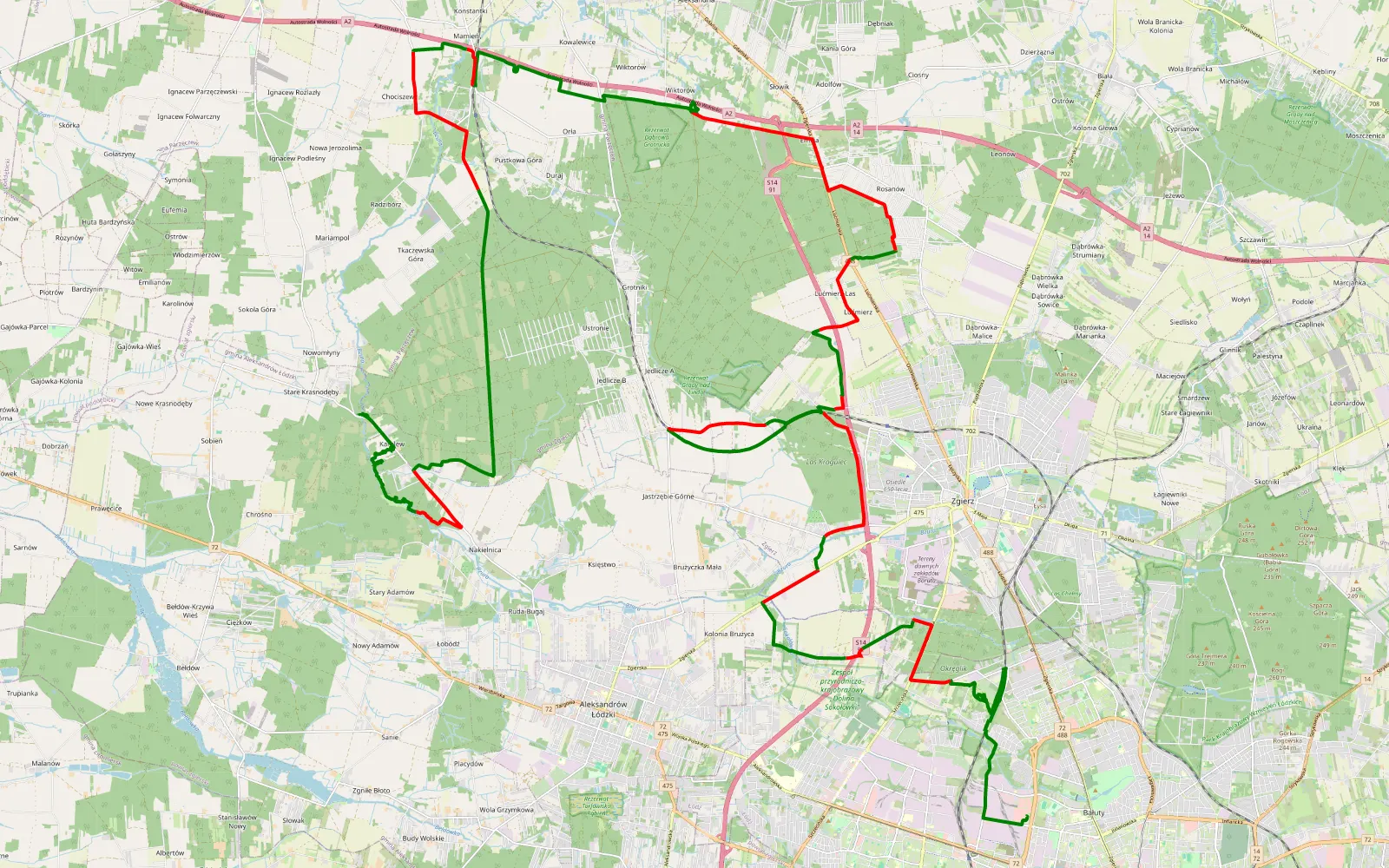 Map of Łódź 21.12.2024 - 57.3 km offroad trail, Zgierz County