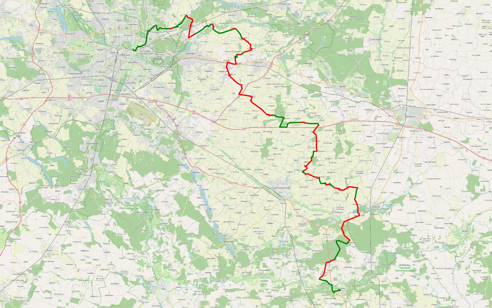 Map of Ostrów Tumski-Śródka-Zawady-Komandoria - Nowe Miasto nad Wartą - 94.7 km offroad trail, Środa Wielkopolska County