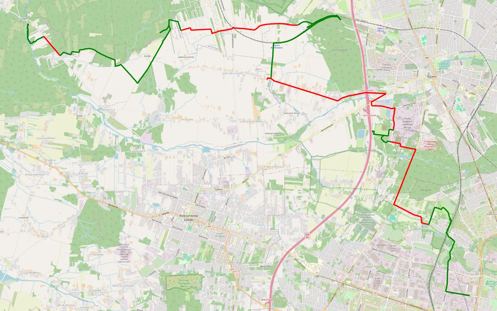 Mapa trasy Bałuty Centrum - Karolew - 30.3 km trasy offroad, Powiat Zgierski