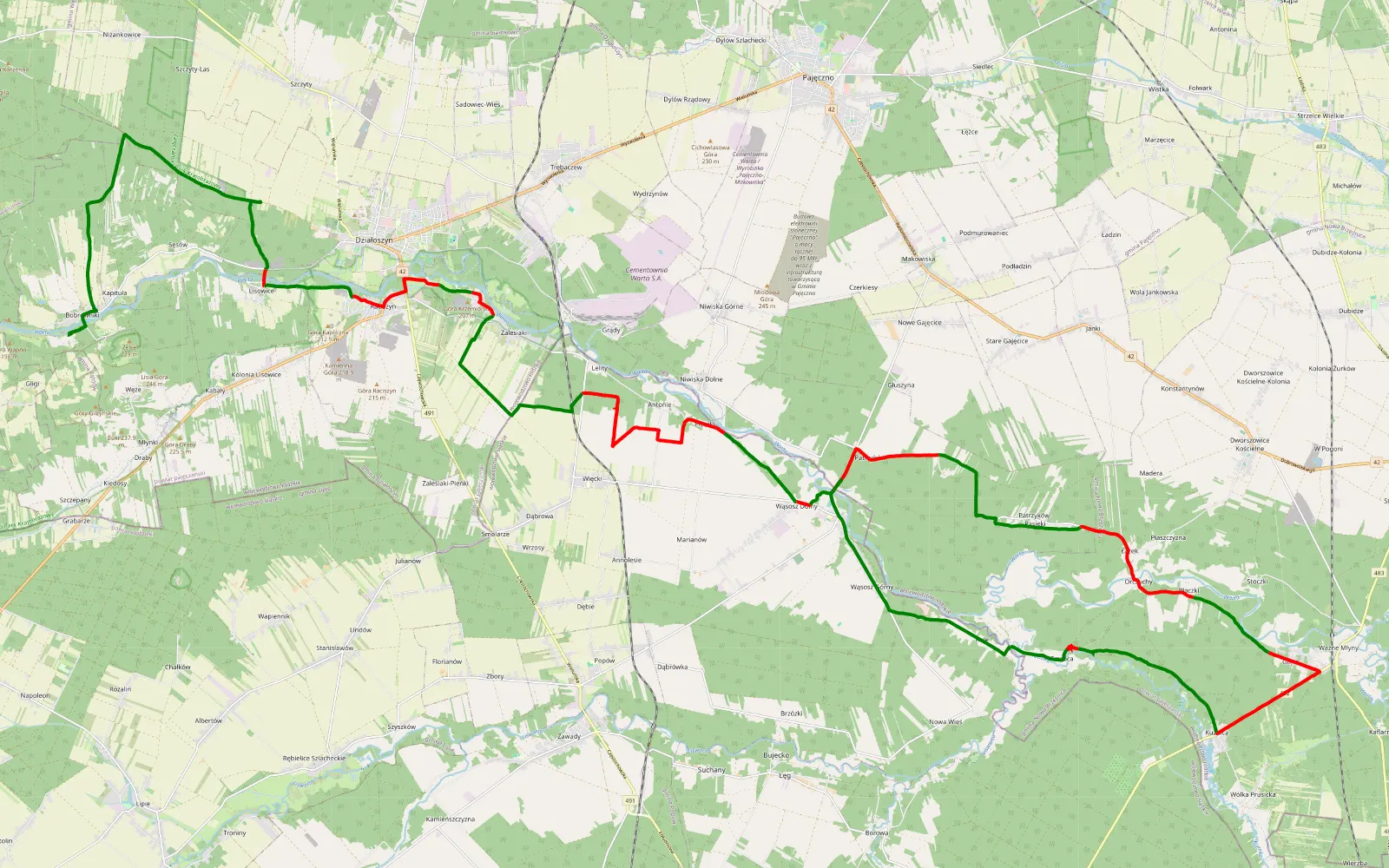 Map of Bobrowniki - Wąsosz Poduchowny - 48.6 km offroad trail, Pajęczno County