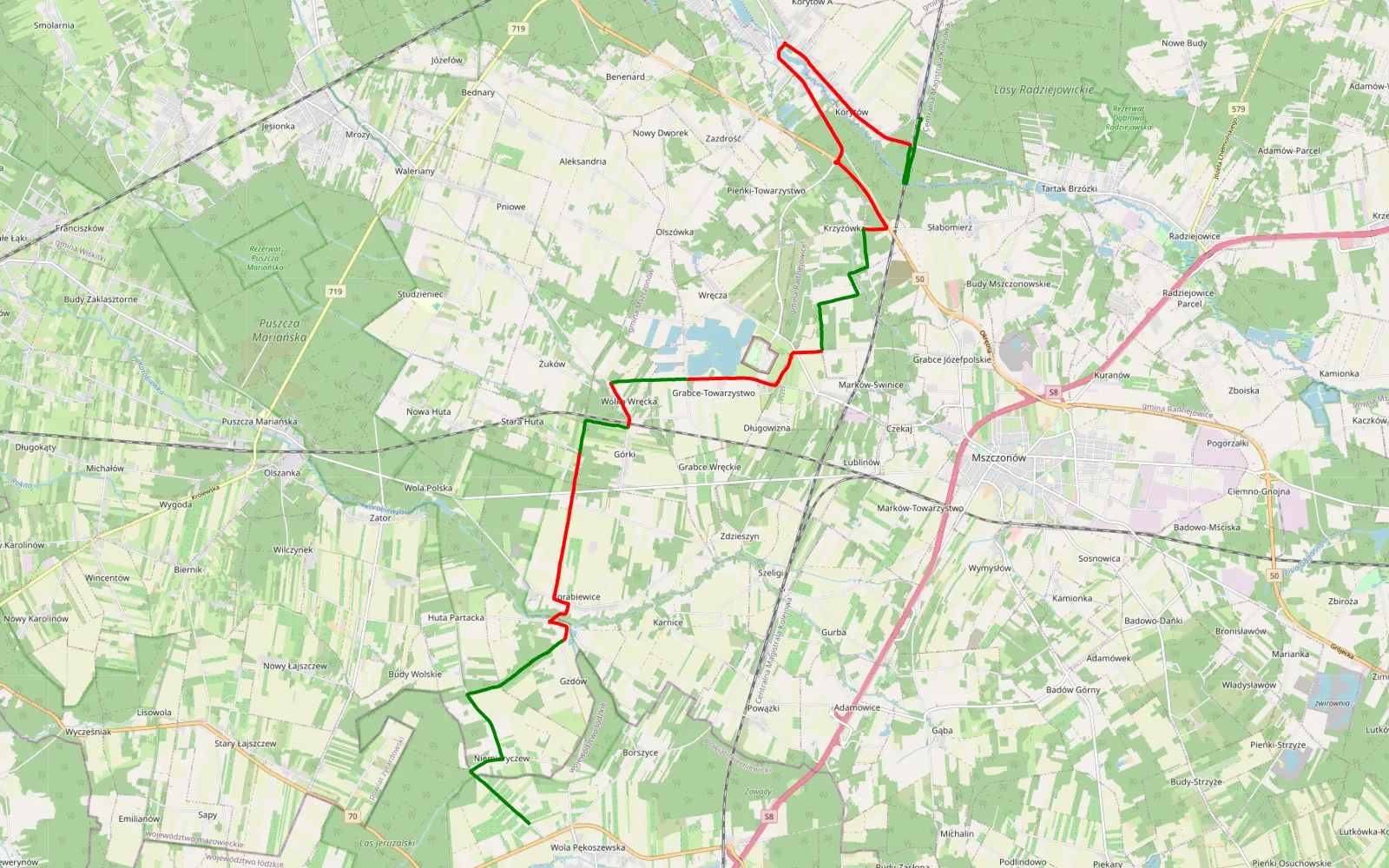 Mapa trasy Wola Pękoszewska - Słabomierz - 21.1 km trasy offroad, Powiat Żyrardowski