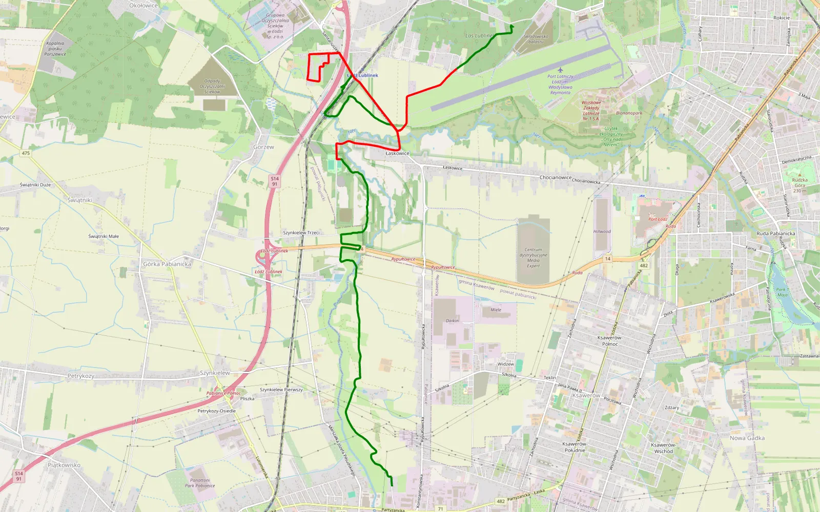 Mapa trasy Lublinek - Pabianice - 15.1 km trasy offroad, Łódź