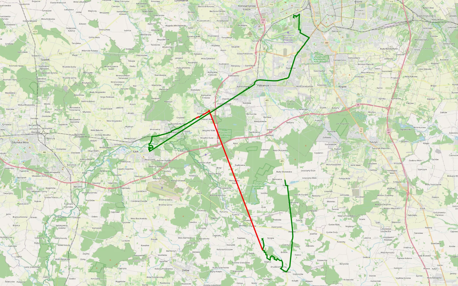 Mapa trasy Torfianka - 37.8 km trasy offroad, Powiat Pabianicki