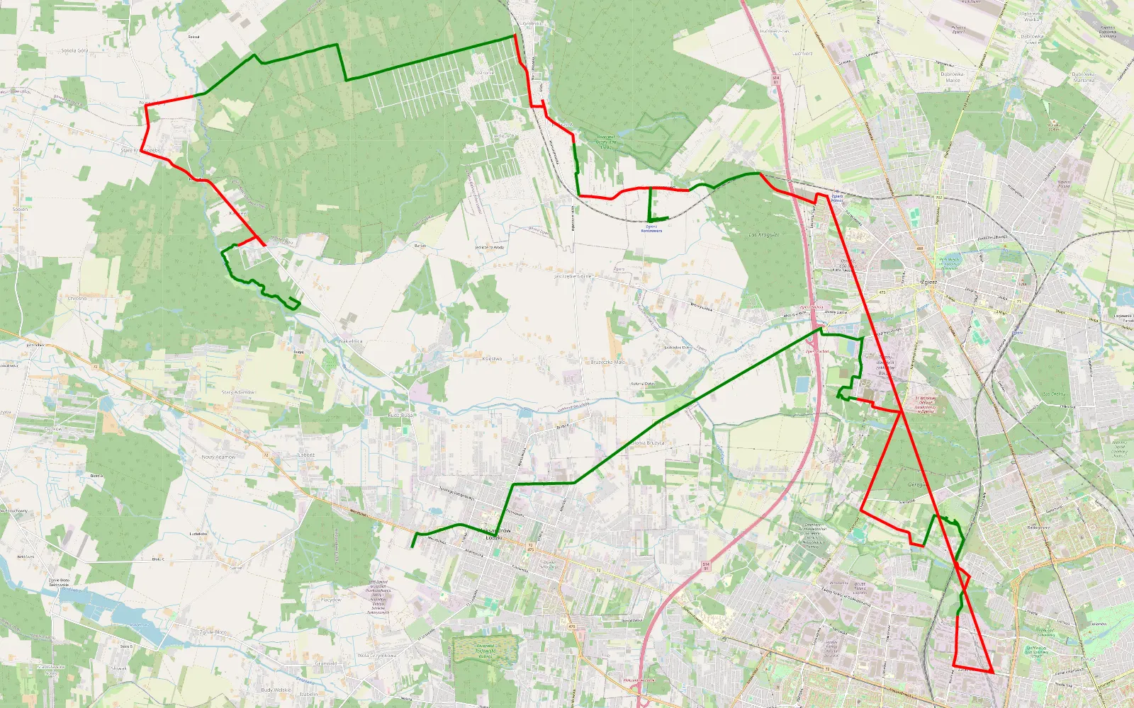 Mapa trasy Wierzbno - Bałuty Centrum - 40 km trasy offroad, Powiat Zgierski
