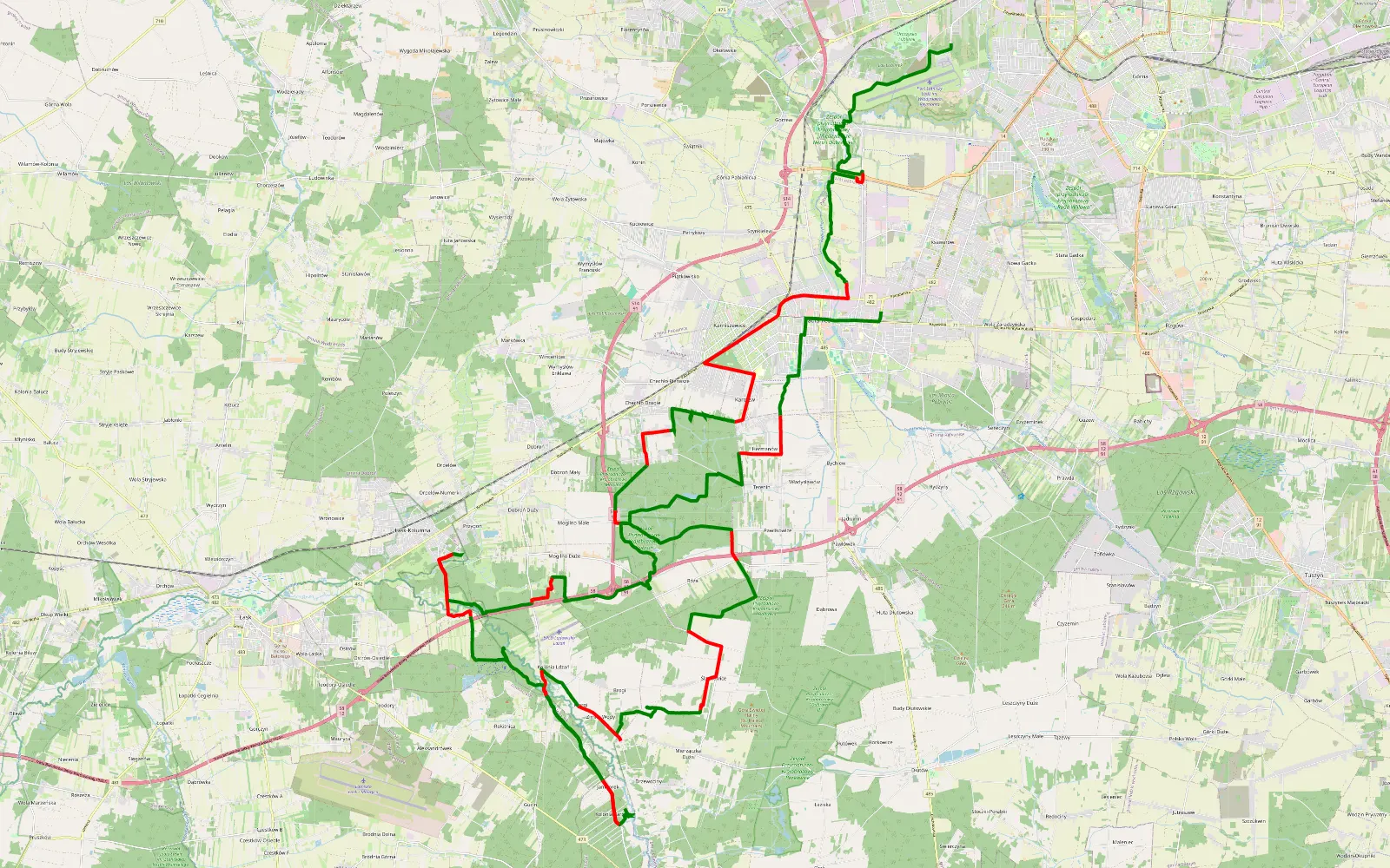 Mapa trasy Rokicie - Pabianice - 77.2 km trasy offroad, Powiat Pabianicki