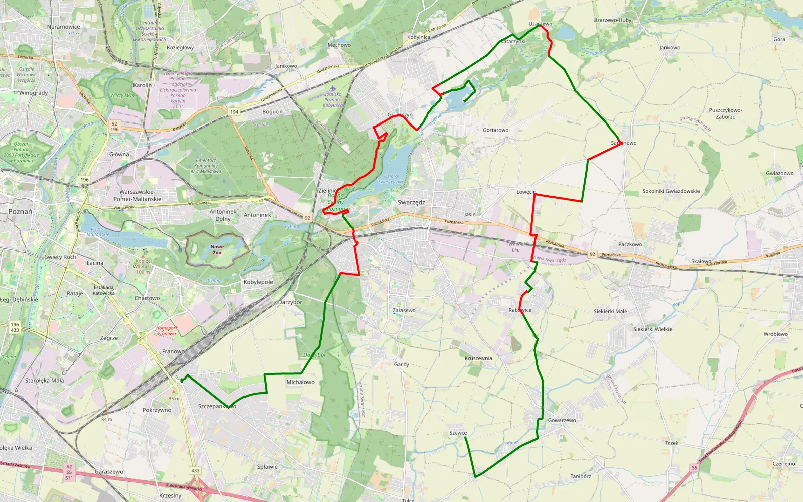 Map of Trasa 1. Szczepankowo- Szewce - 30.5 km offroad trail, Poznań County