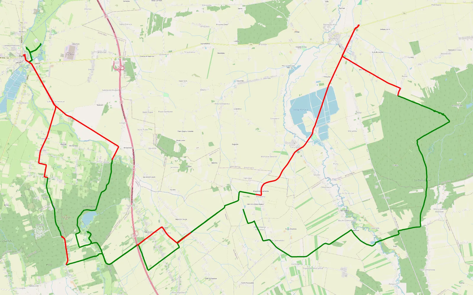 Mapa trasy Trasa offroad okolice Łodzi 3 - 55.6 km trasy offroad, Powiat Zgierski