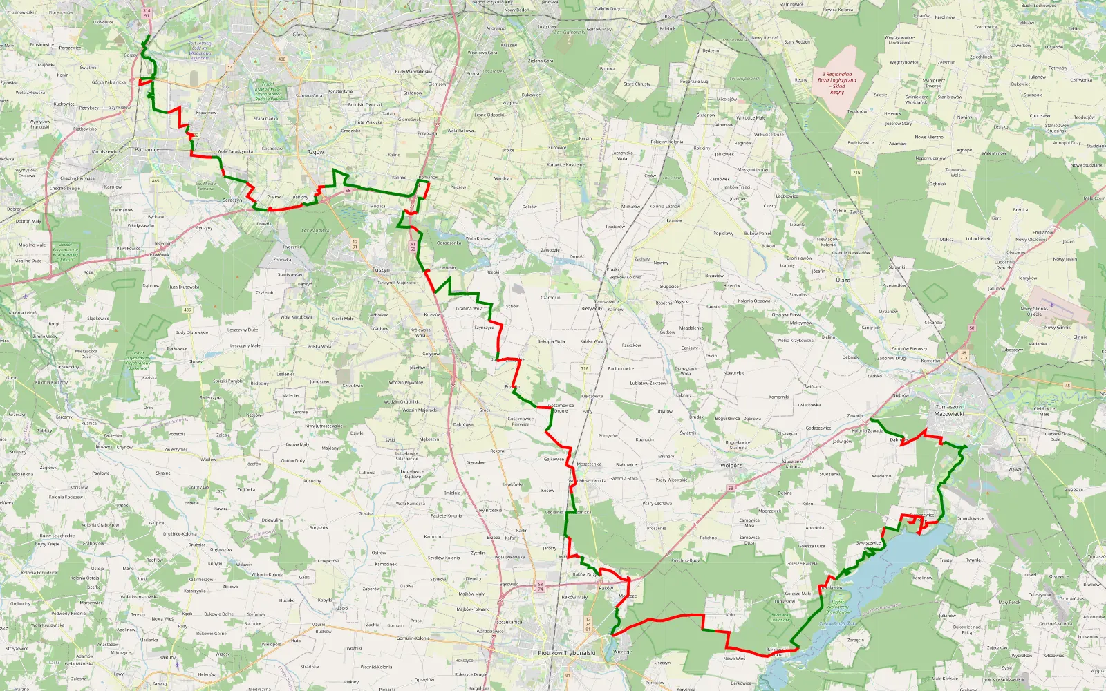 Mapa trasy Łódź - Zalew Sulejowski - Tomaszów - 118.6 km trasy offroad, Powiat Piotrkowski