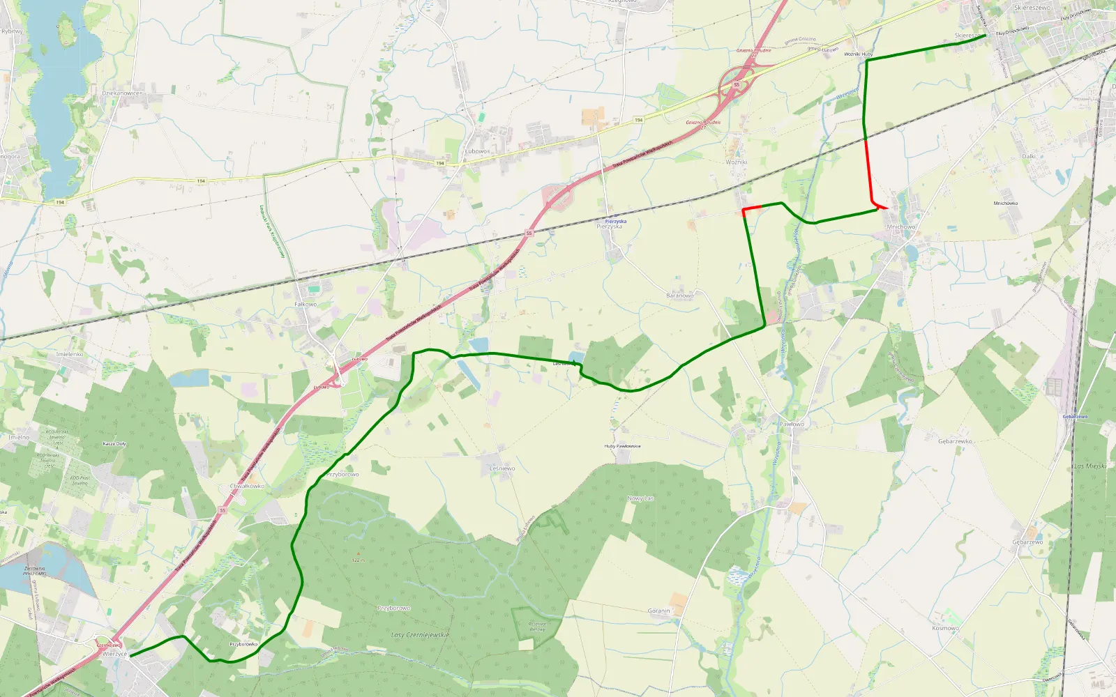 Map of Skiereszewko - Wiėrzyce - 17.5 km offroad trail, Gniezno County