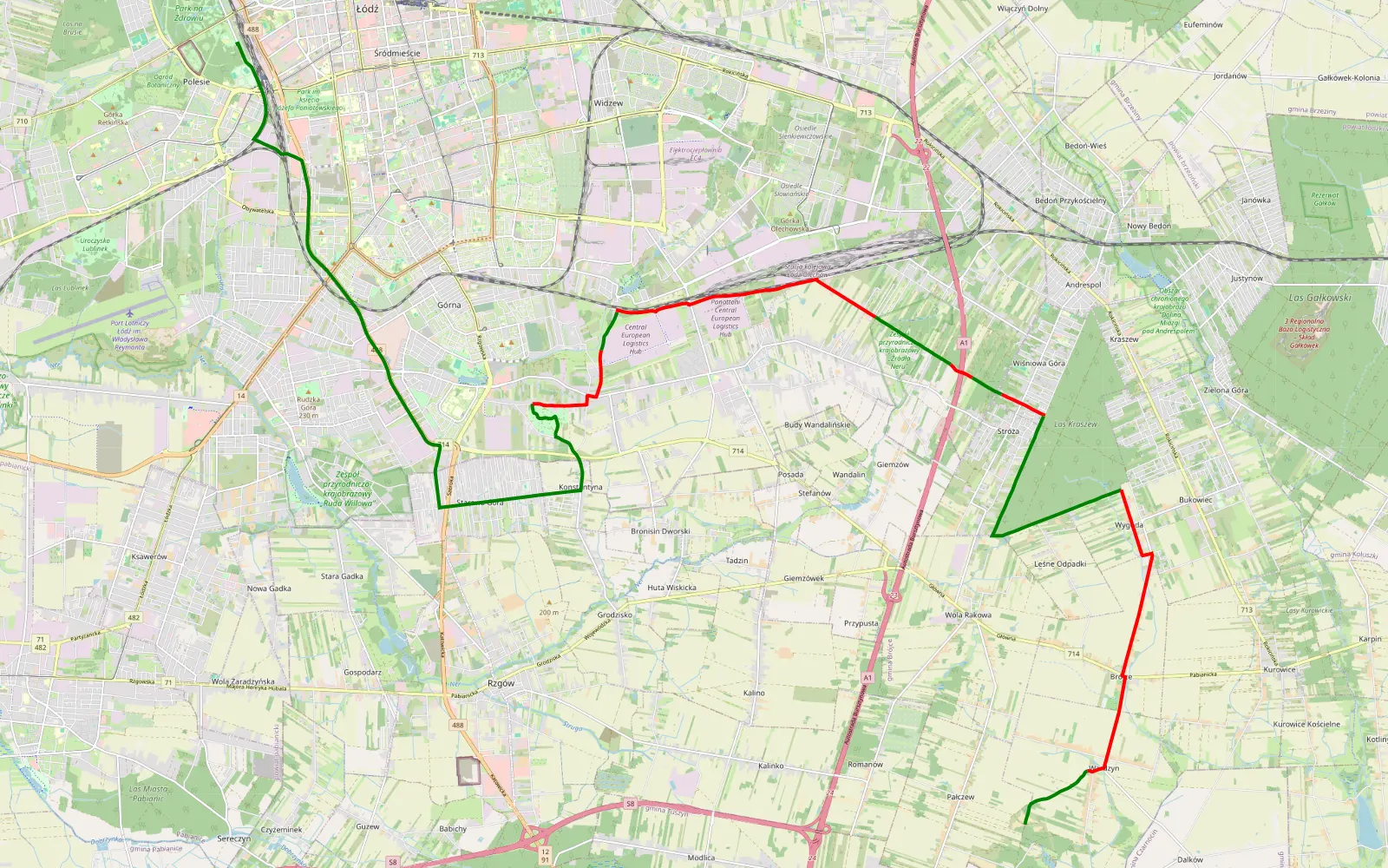 Map of Way to Palczew - 23.9 km offroad trail, Lodz East County