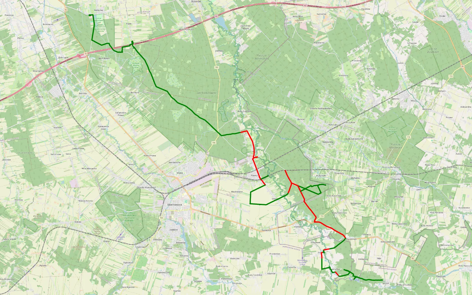 Map of Jeruzal - Nieborów - 43.5 km offroad trail, Skierniewice County