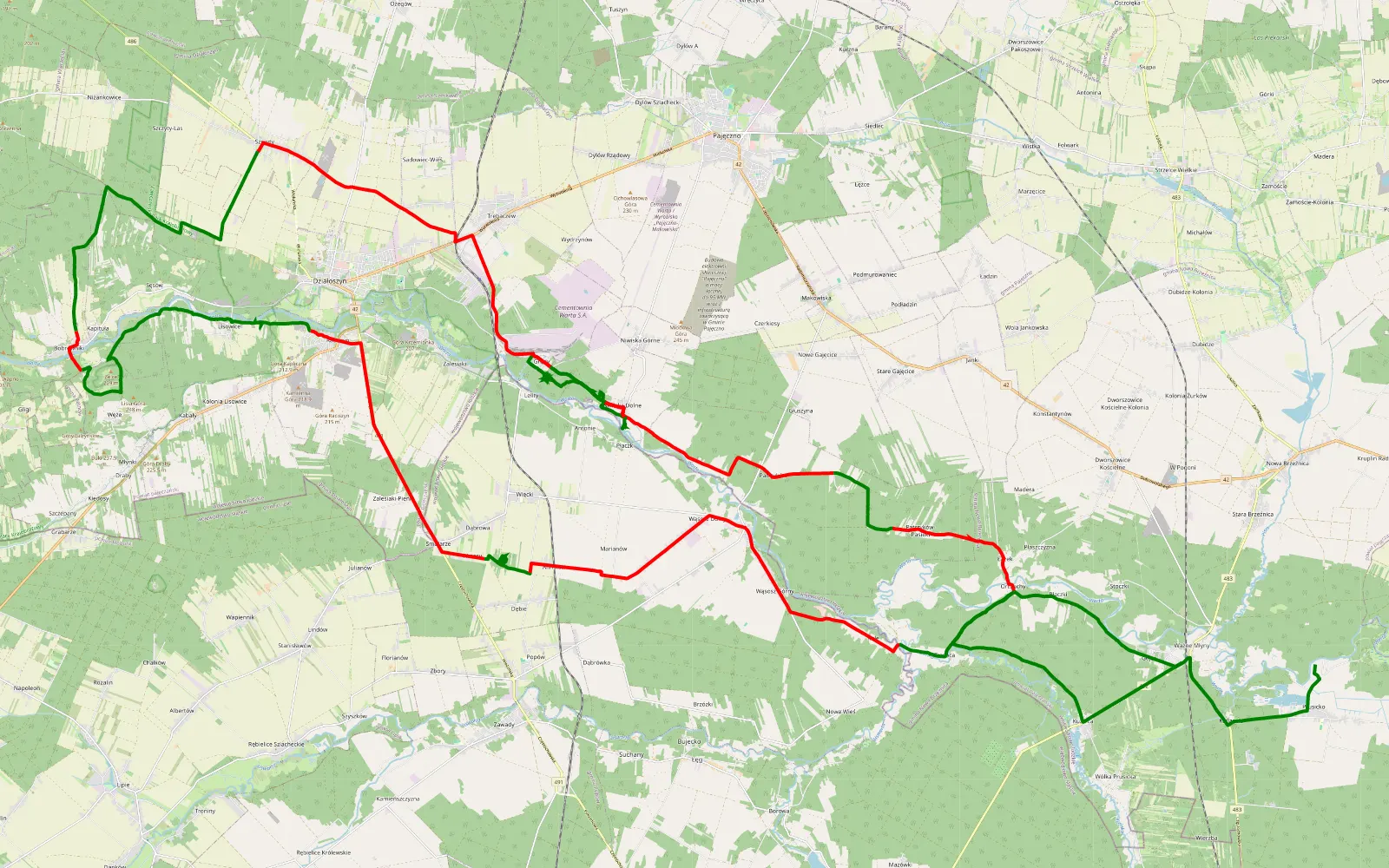 Map of Gojść - Moczydła - 81.9 km offroad trail, Pajęczno County