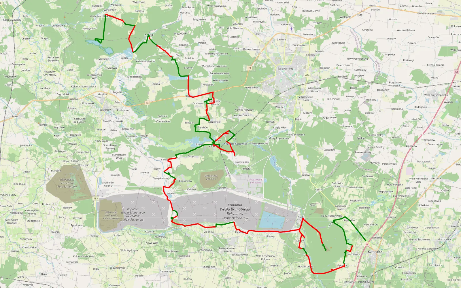 Mapa trasy Kleszczów Mokradła MG - 105.4 km trasy offroad, Powiat Bełchatowski