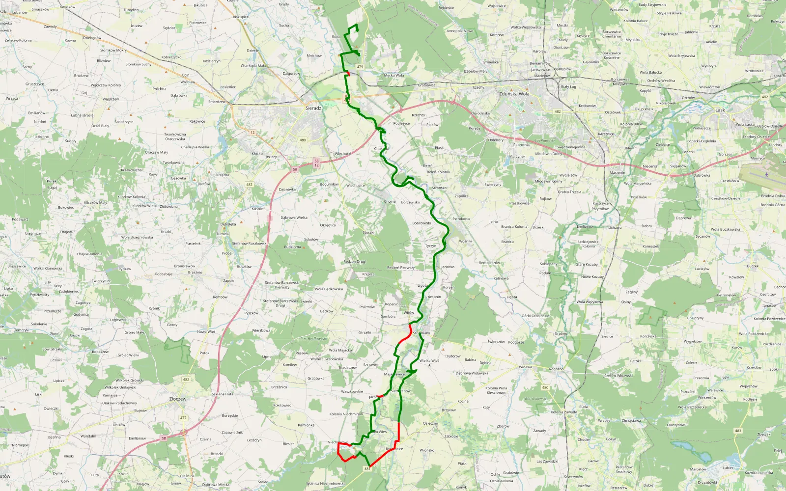 Mapa trasy Ruda - Strumiany - 67.3 km trasy offroad, Powiat Sieradzki