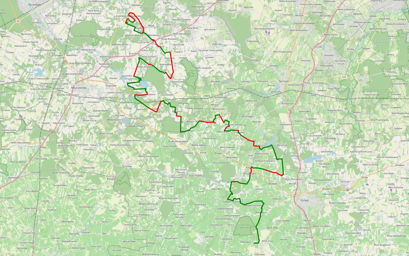 Mapa trasy Bieniewice - Mała Wieś - 69.3 km trasy offroad, Powiat Grójecki