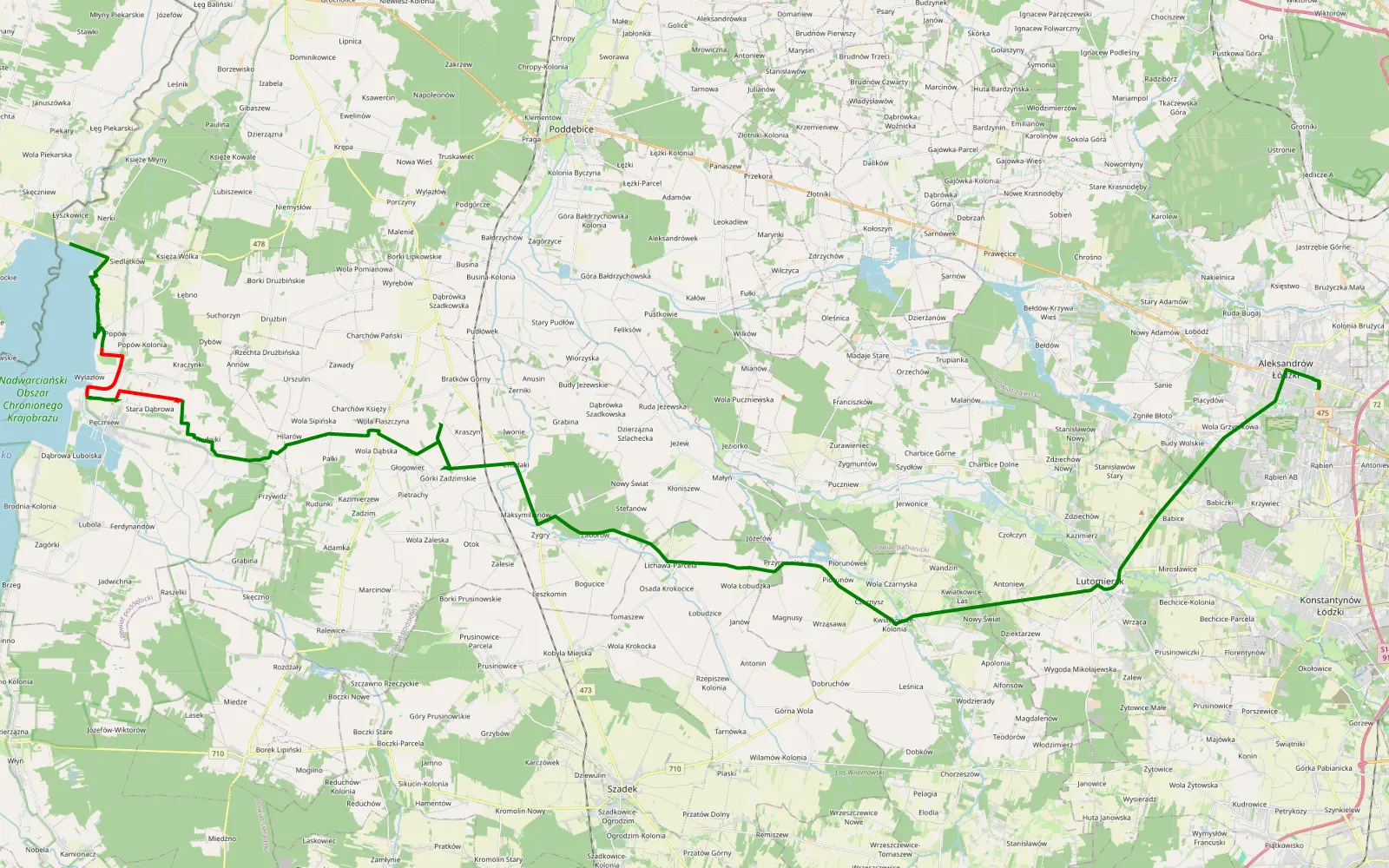 Mapa trasy Aleksandrów Łódzki - Termy Uniejów - 14.2 km trasy offroad, Powiat Poddębicki