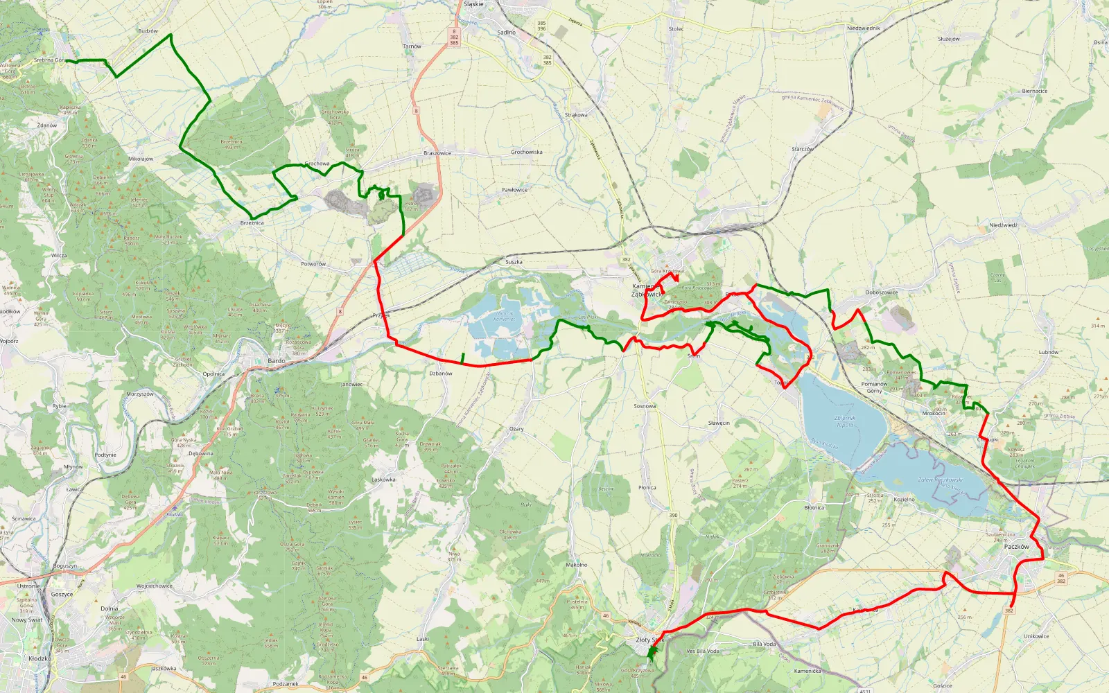 Mapa trasy Polen dag 4 Srebrna Góra - Złoty Stok - 72.8 km trasy offroad, Powiat Ząbkowicki