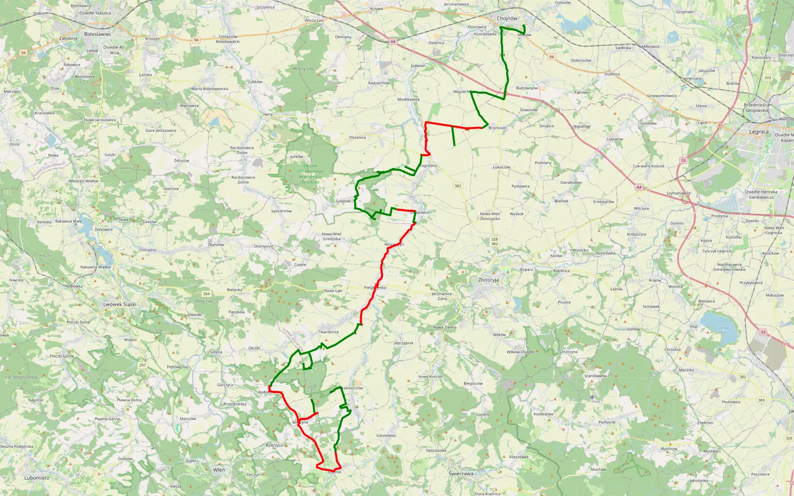 Map of Michów - Proboszczów - 69.6 km offroad trail, Złotoryja County