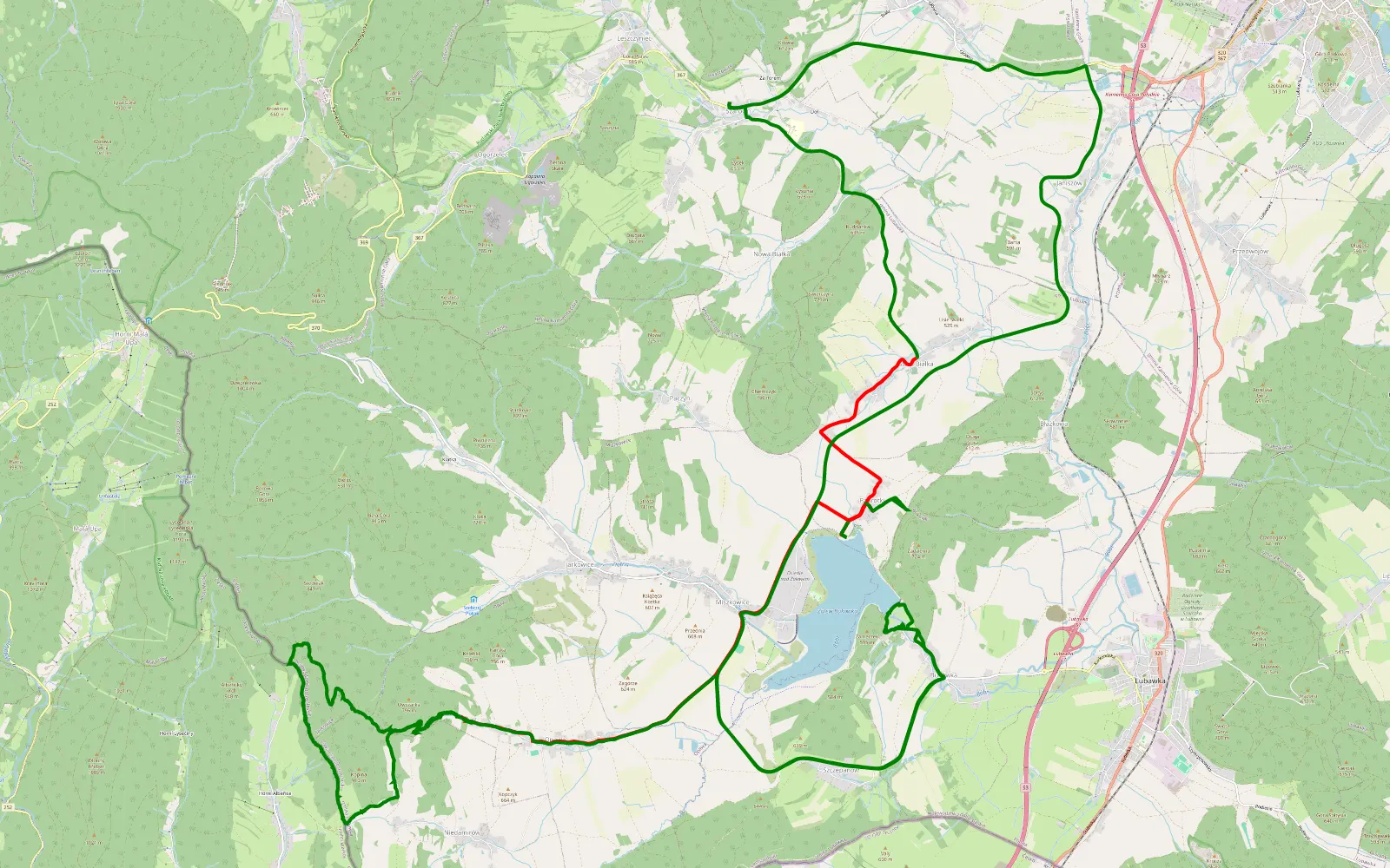 Mapa trasy Szarocin dzień 2 - 25.4 km trasy offroad, Powiat Kamiennogórski