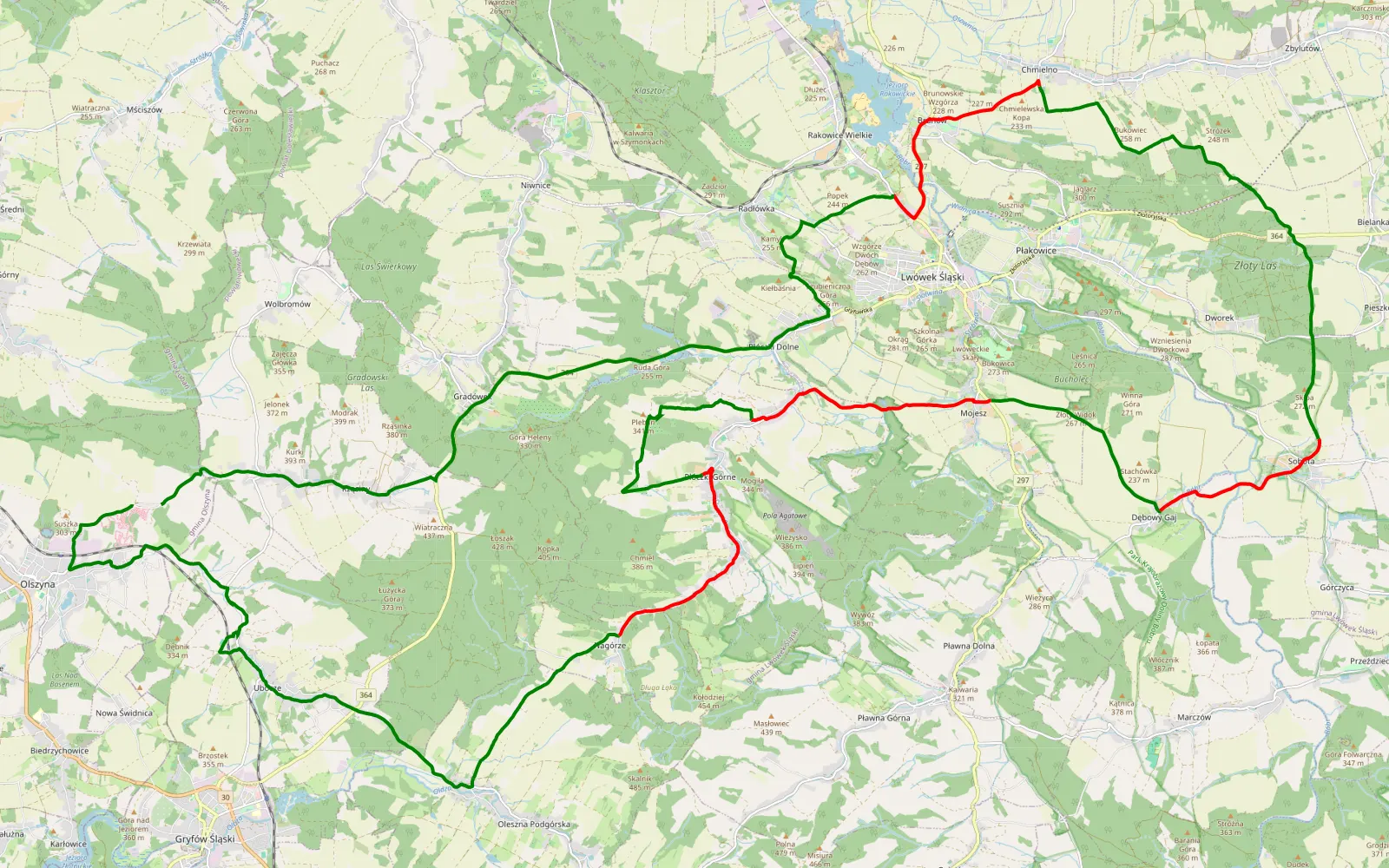Mapa trasy Olszyna - Rzasiny - 41.6 km trasy offroad, Powiat Lwówecki