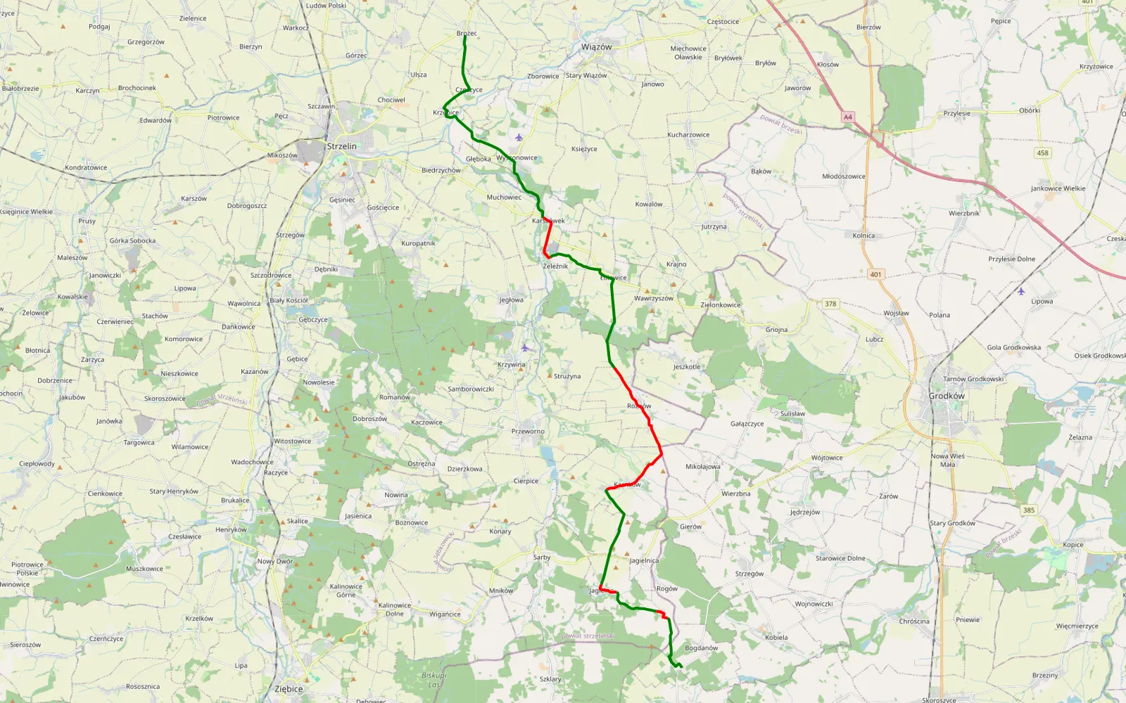 Mapa trasy Brożec-Bogdanów - 26.2 km trasy offroad, Powiat Strzeliński