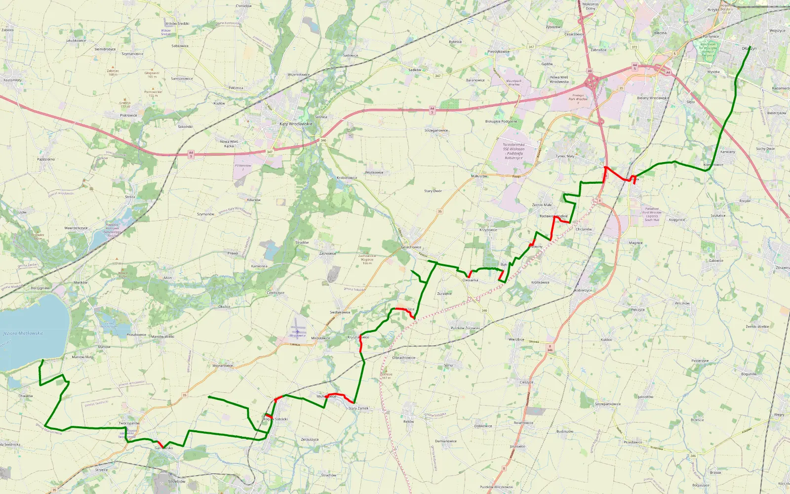 Mapa trasy Z Wrocławia nad Zalew Mietkowki - 53.8 km trasy offroad, Powiat Wrocławski